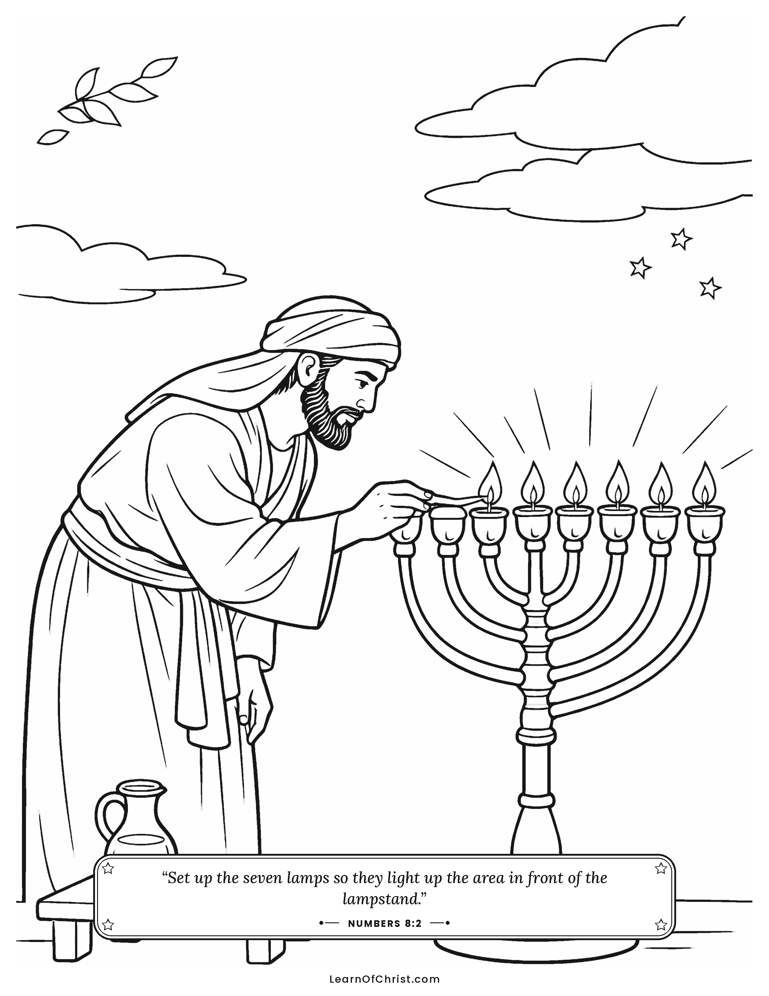 Numbers 8 coloring page - Aaron lights the seven lamps