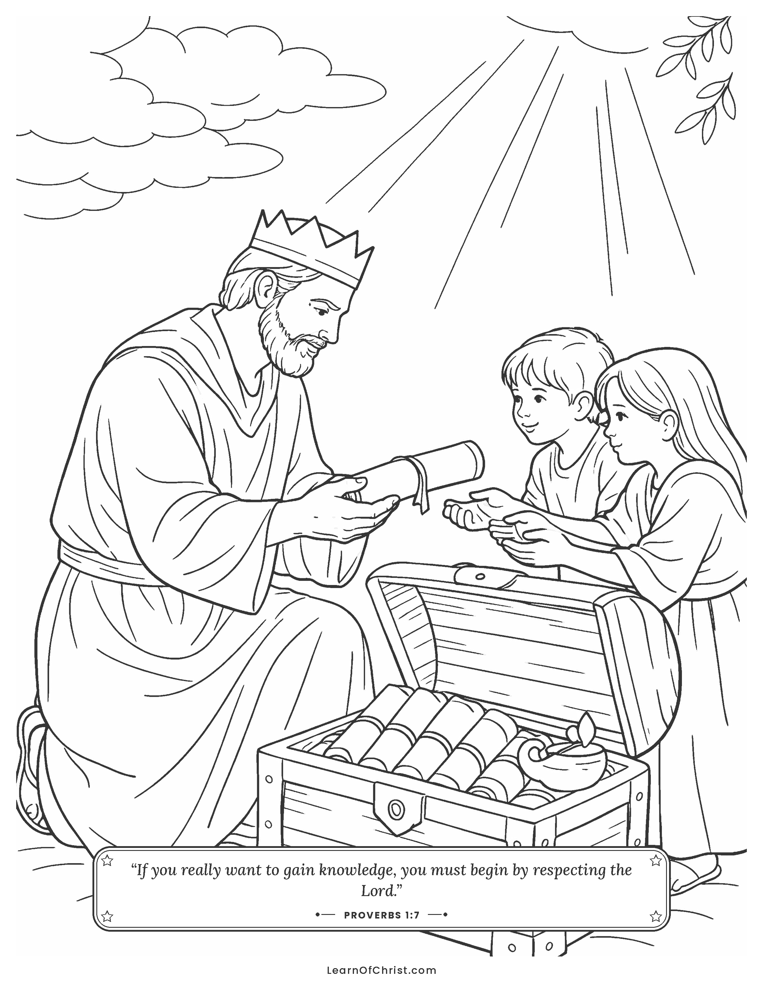 Proverbs 1 coloring page - Solomon opens a treasure box of wisdom