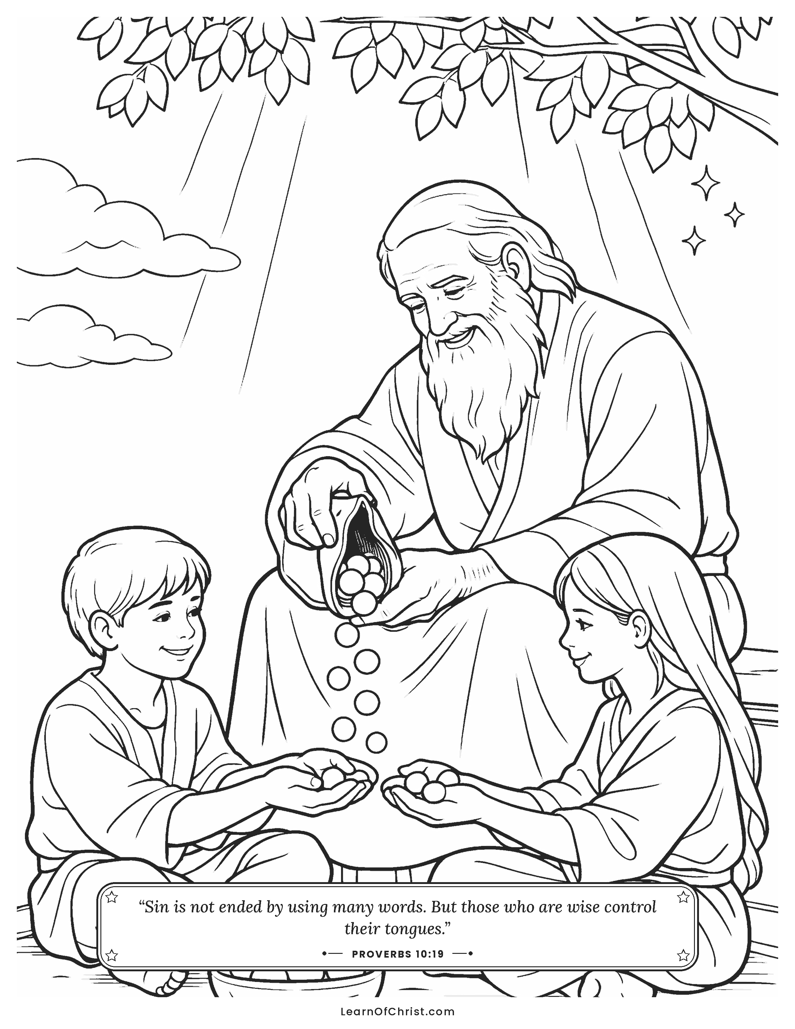 Proverbs 10 coloring page - A grandfather handing out small bright stones