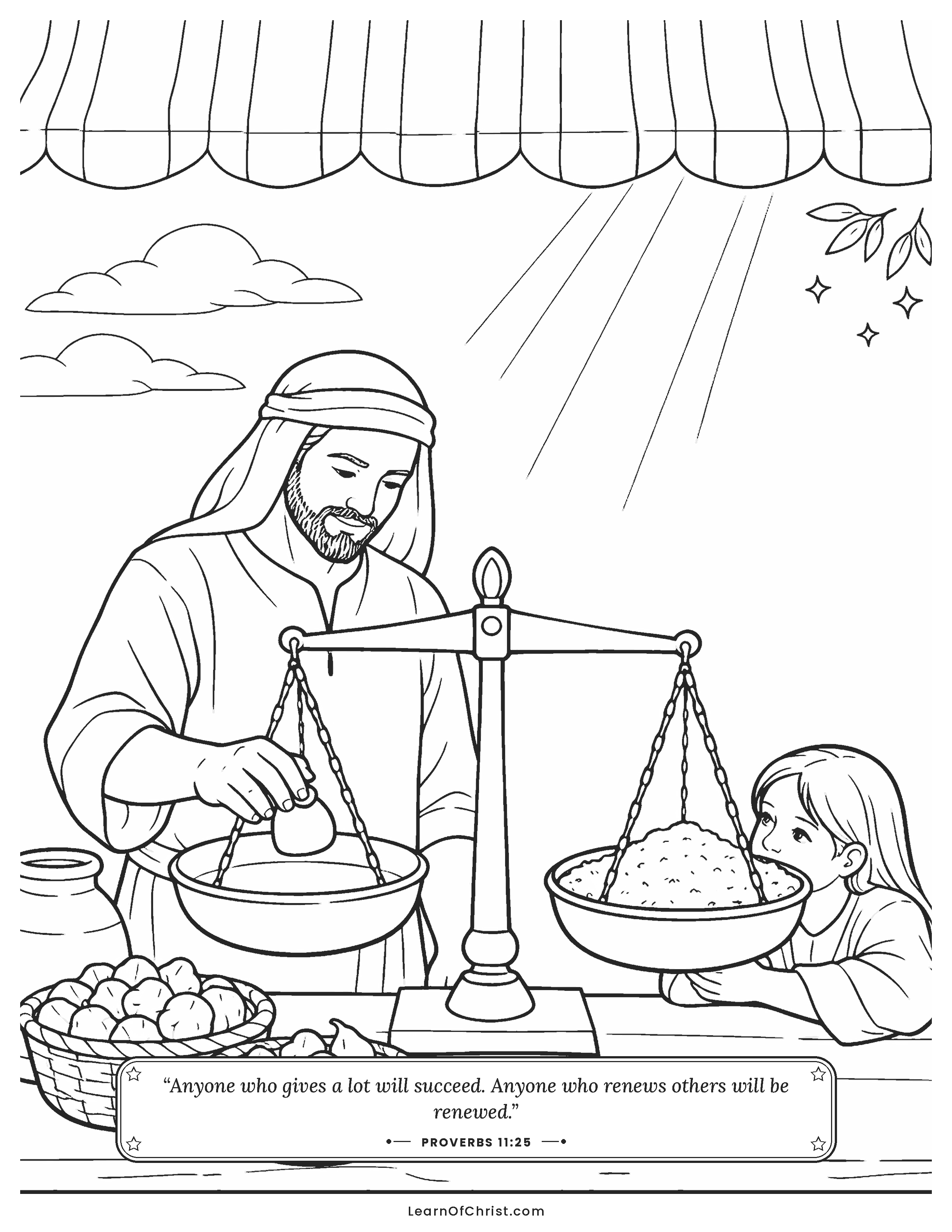 Proverbs 11 coloring page - An honest balance scale at the market