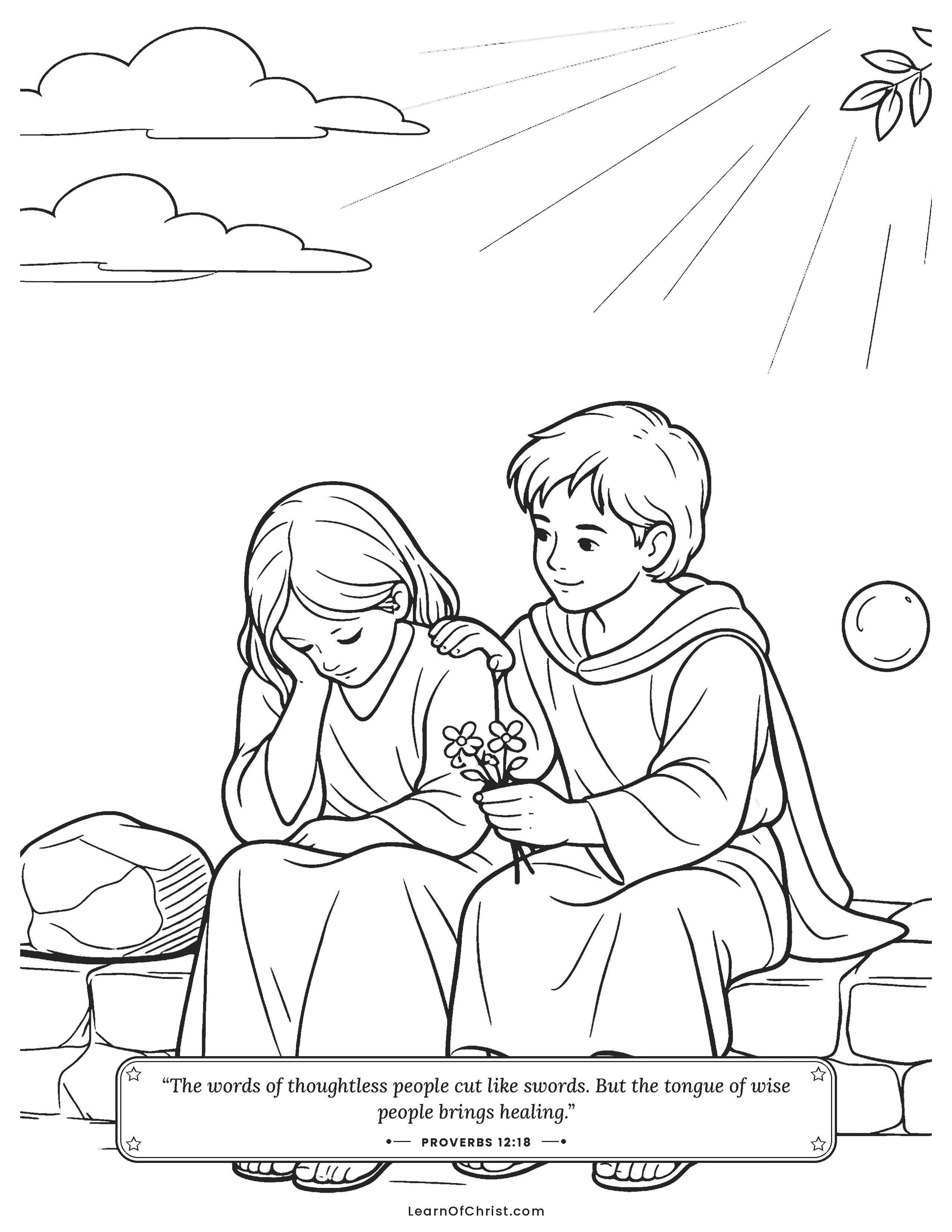 Proverbs 12 coloring page - Kind words that help a sad friend