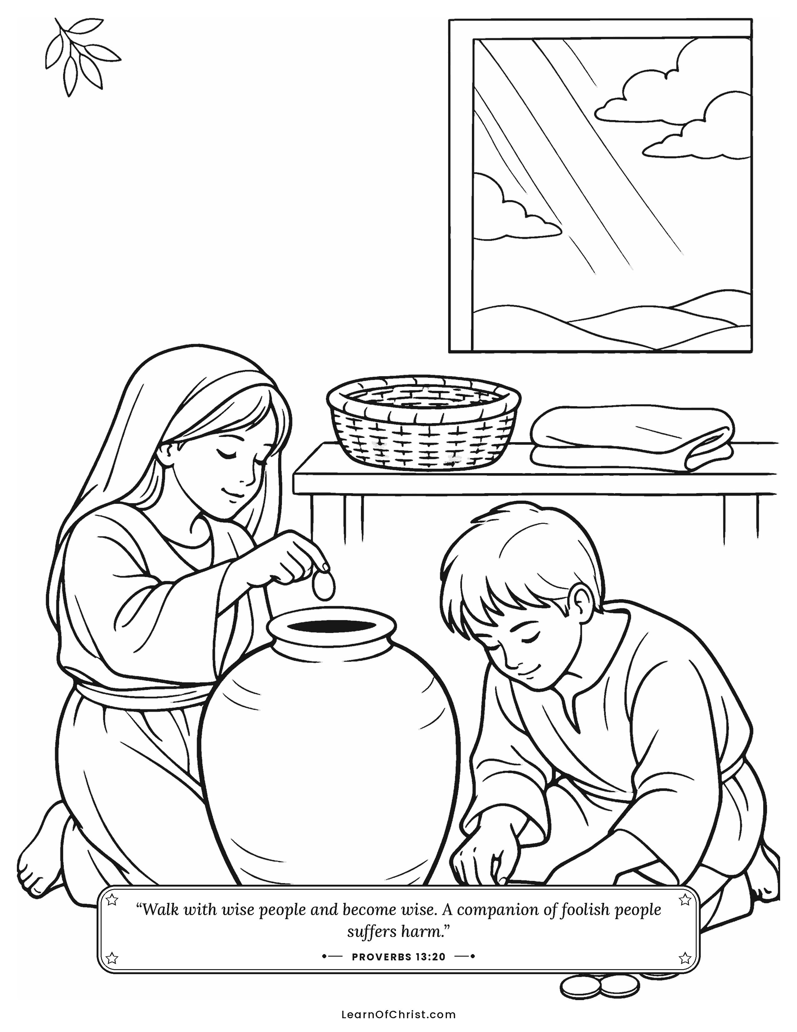 Proverbs 13 coloring page - Saving little by little in a jar