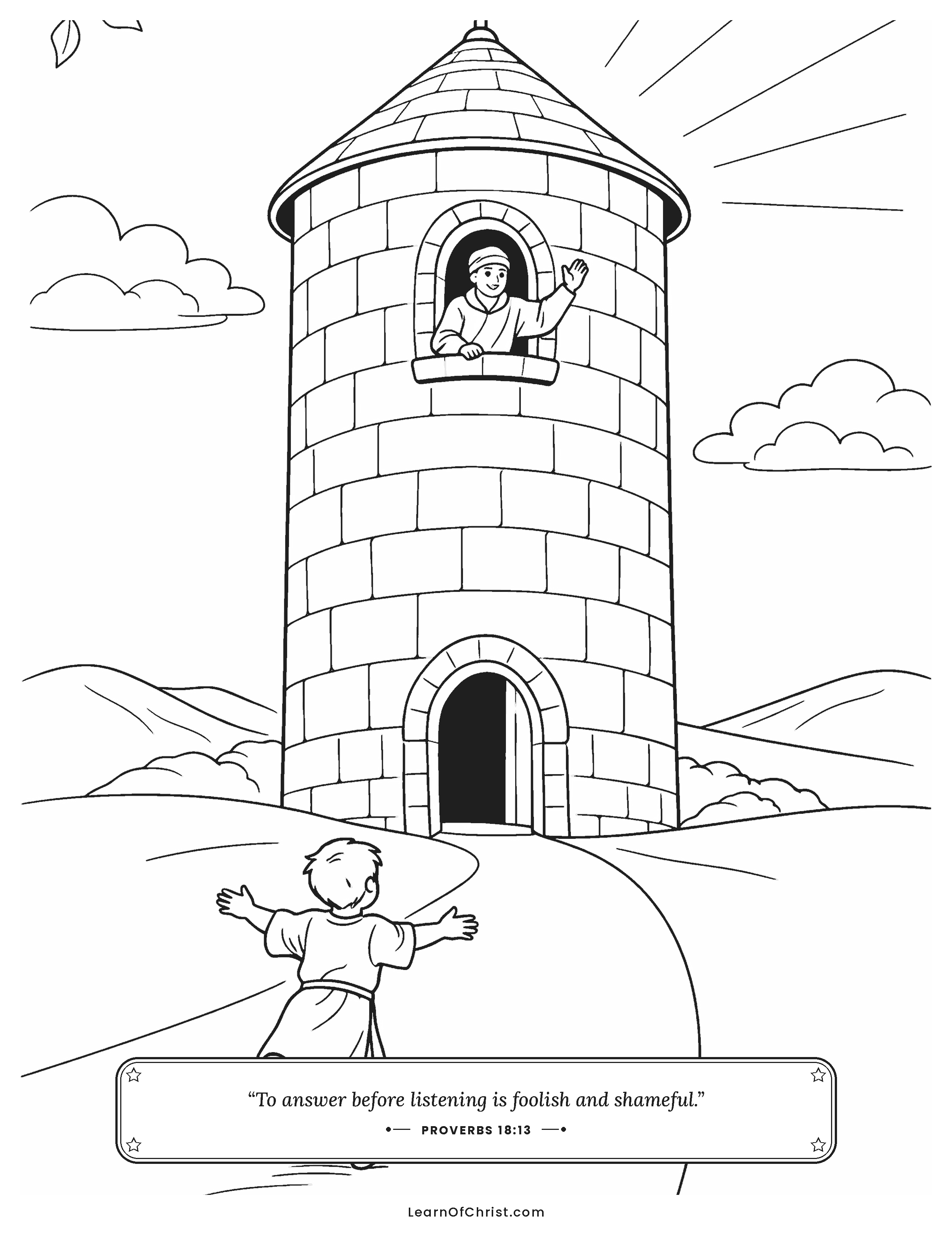 Proverbs 18 coloring page - Running to a strong safe tower