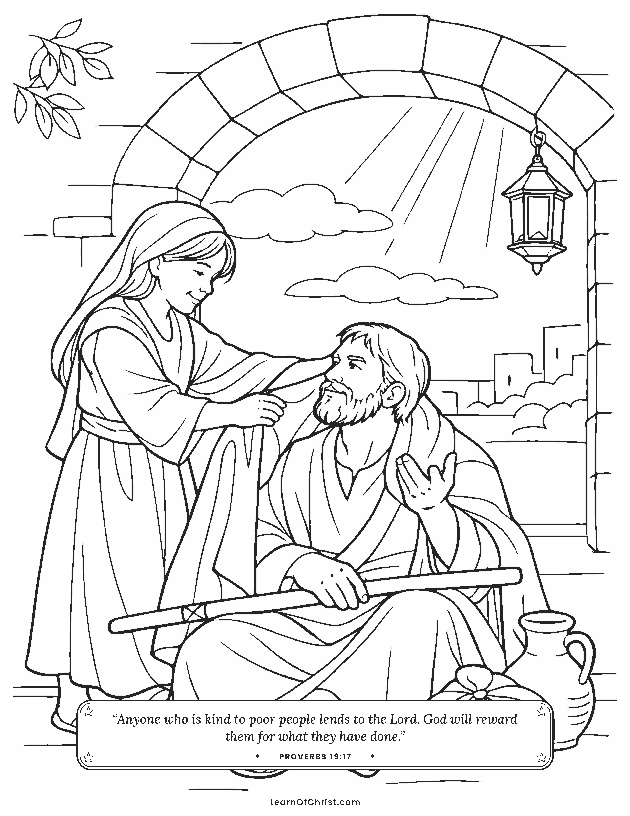 Proverbs 19 coloring page - Giving a warm cloak to a traveller