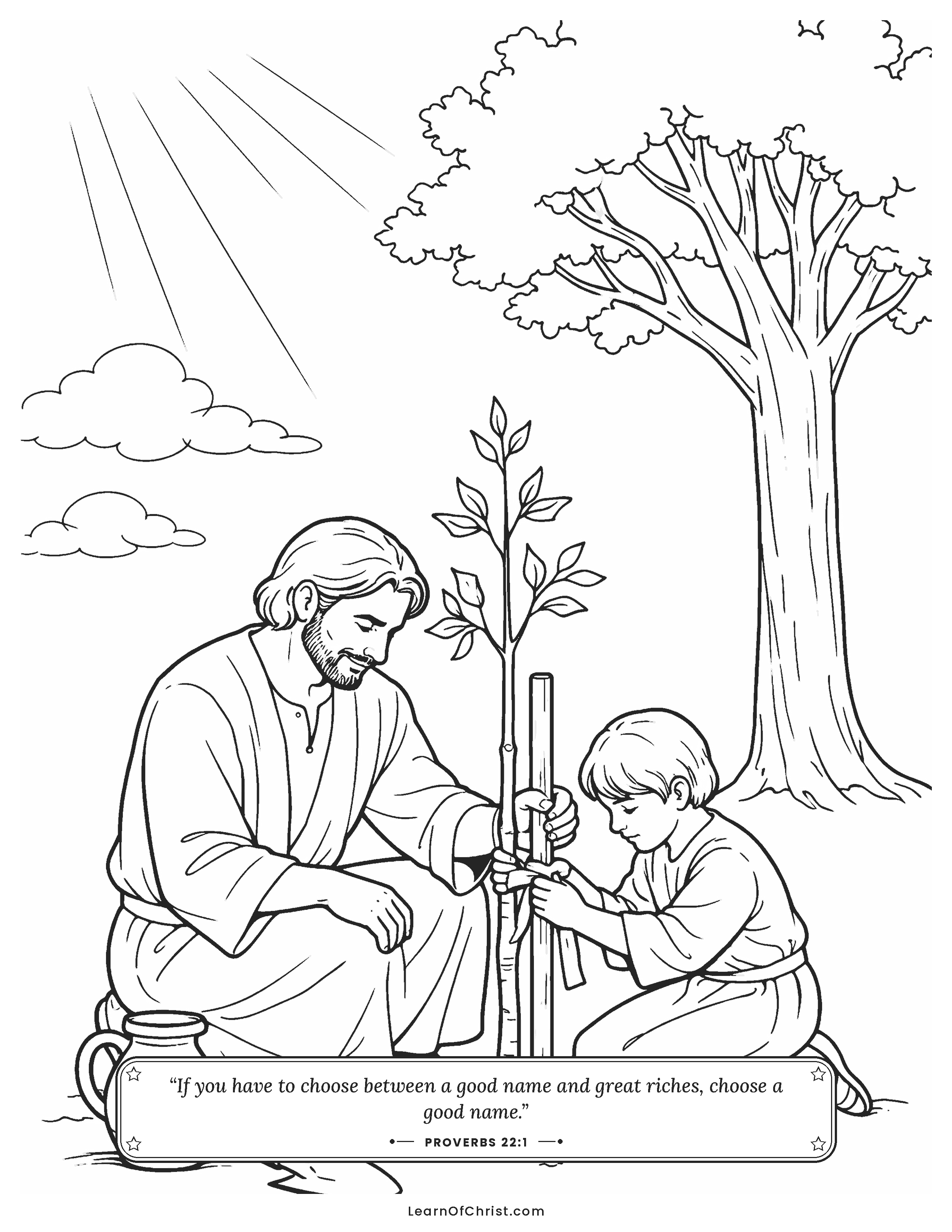 Proverbs 22 coloring page - Tying a young tree so it grows straight