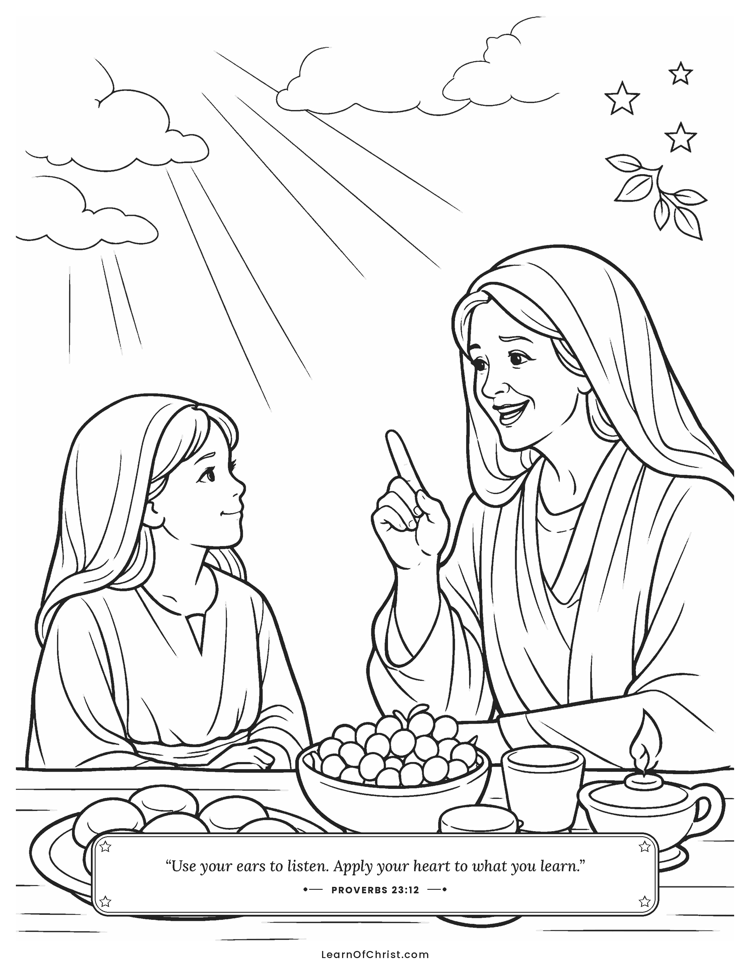 Proverbs 23 coloring page - Listening well at a full table