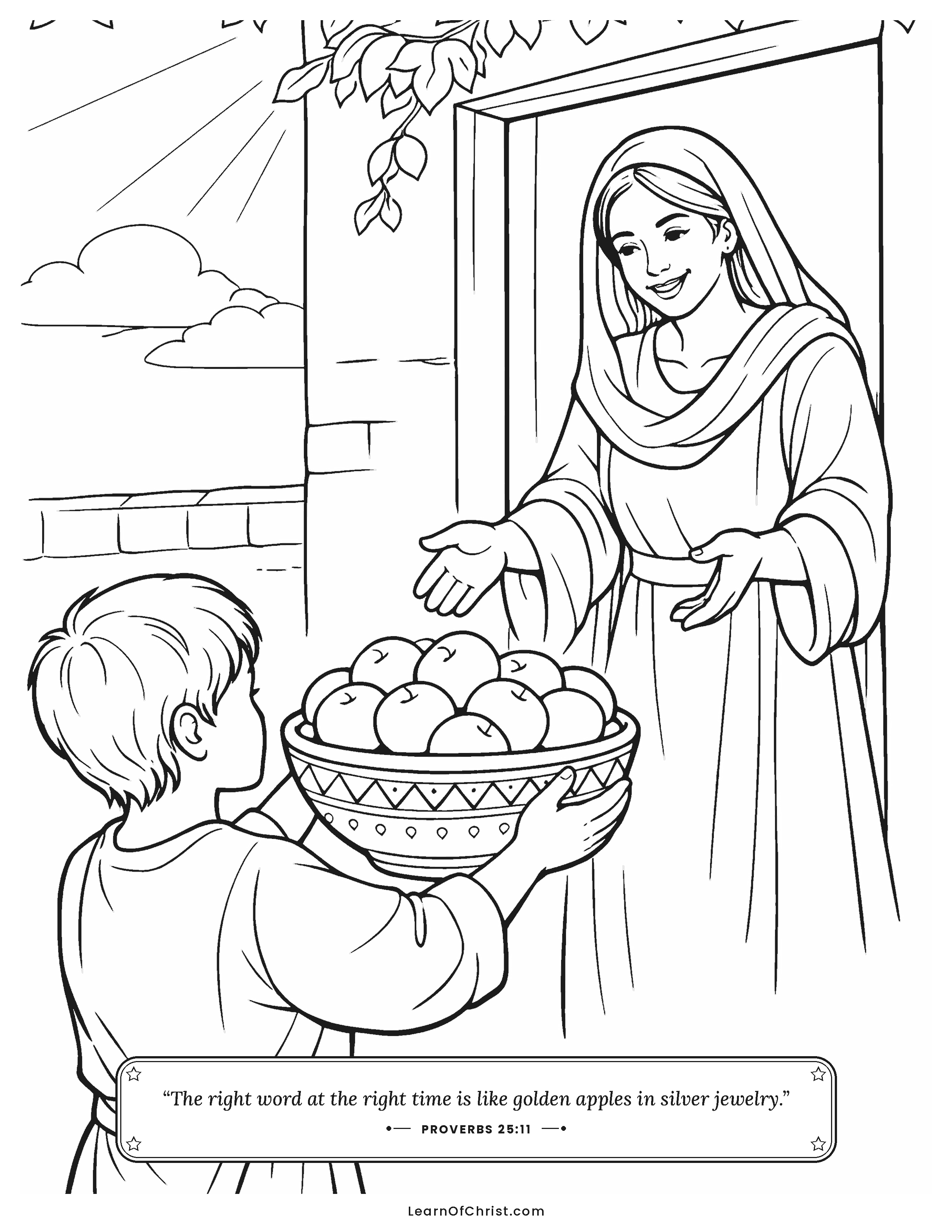 Proverbs 25 coloring page - Golden apples in a silver bowl
