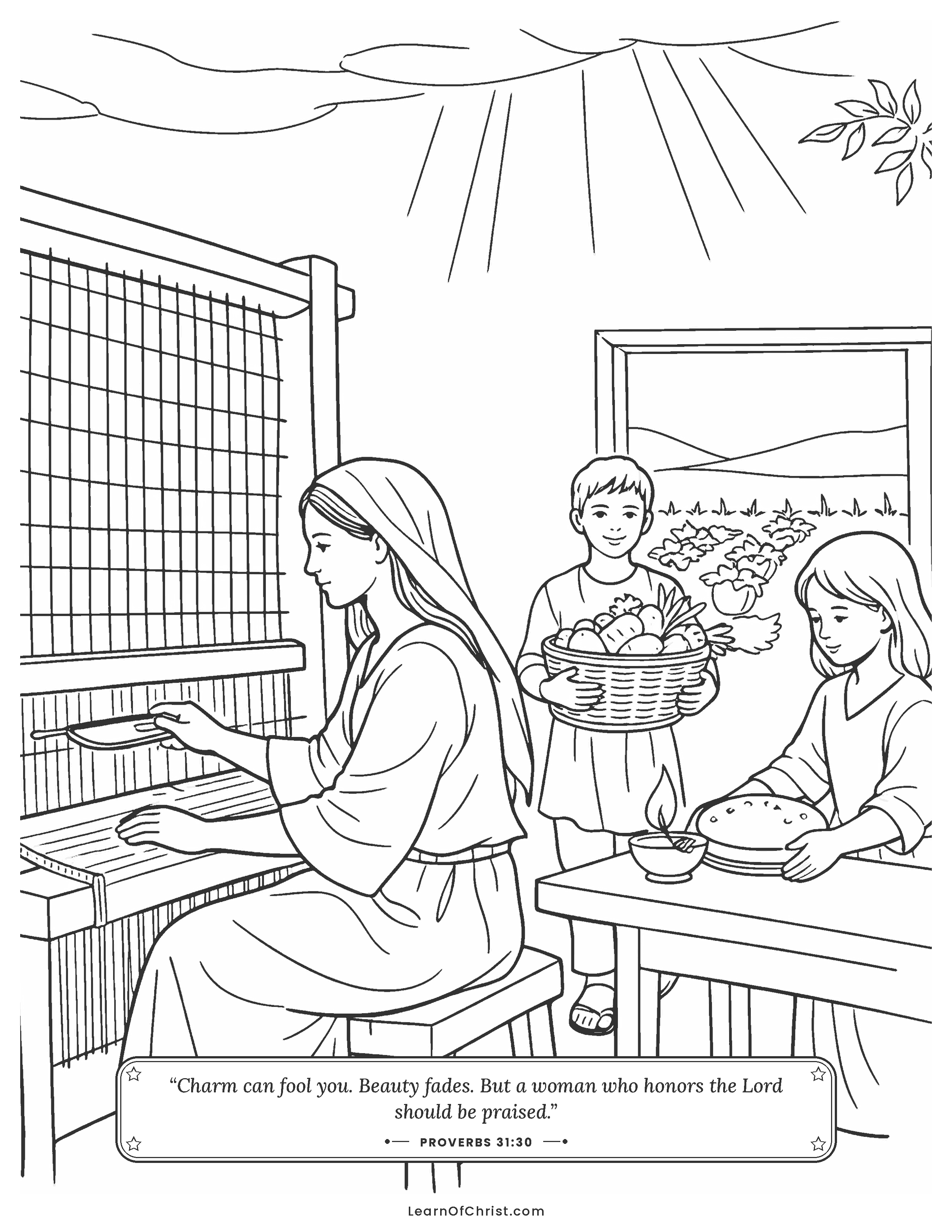 Proverbs 31 coloring page - A hard-working mother her family loves