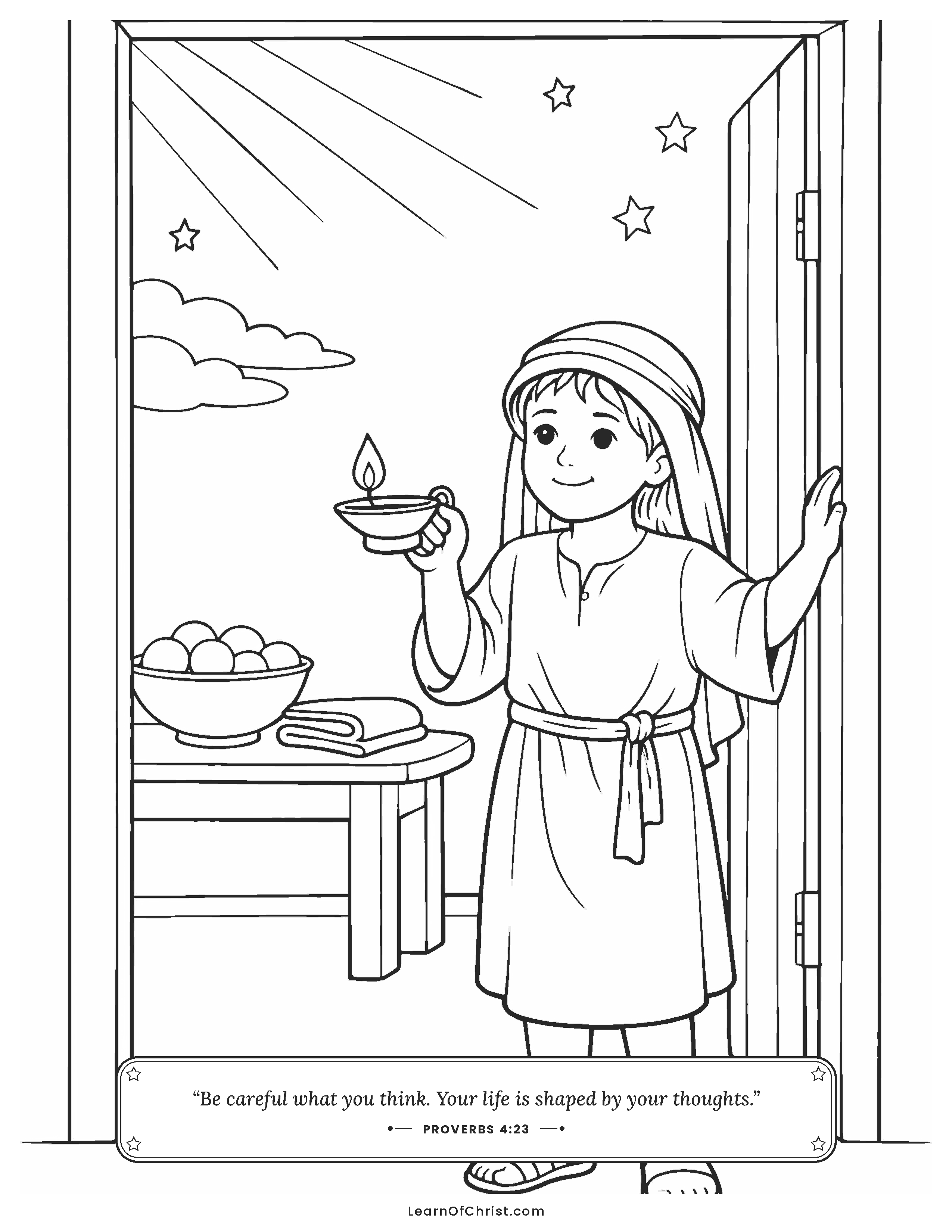 Proverbs 4 coloring page - Standing watch at the door of the heart