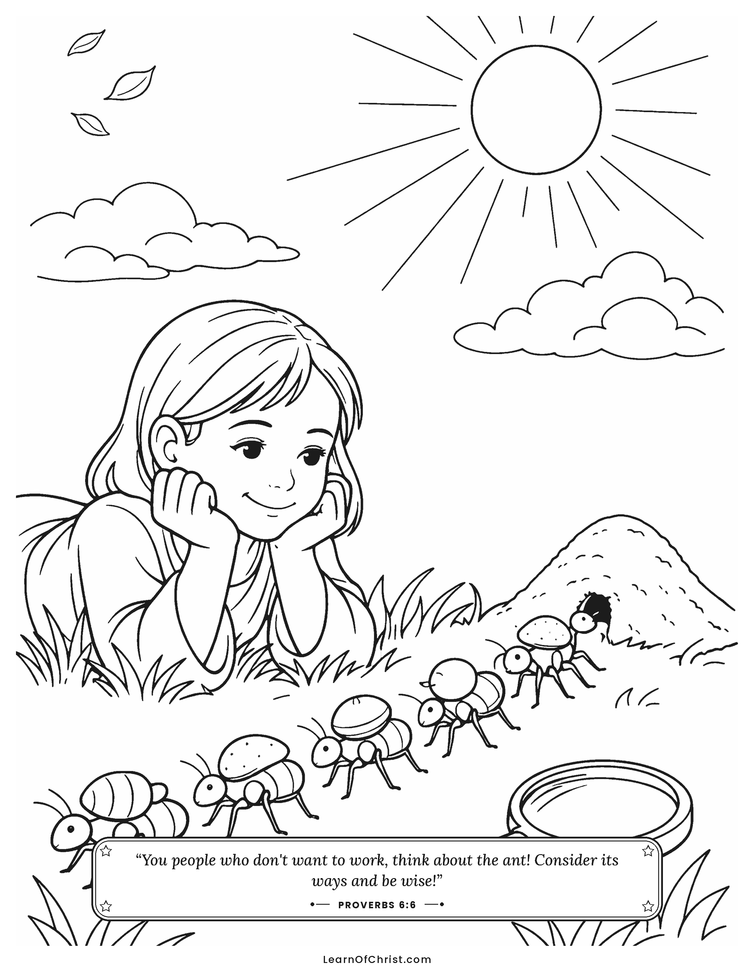 Proverbs 6 coloring page - Learning from the busy little ants
