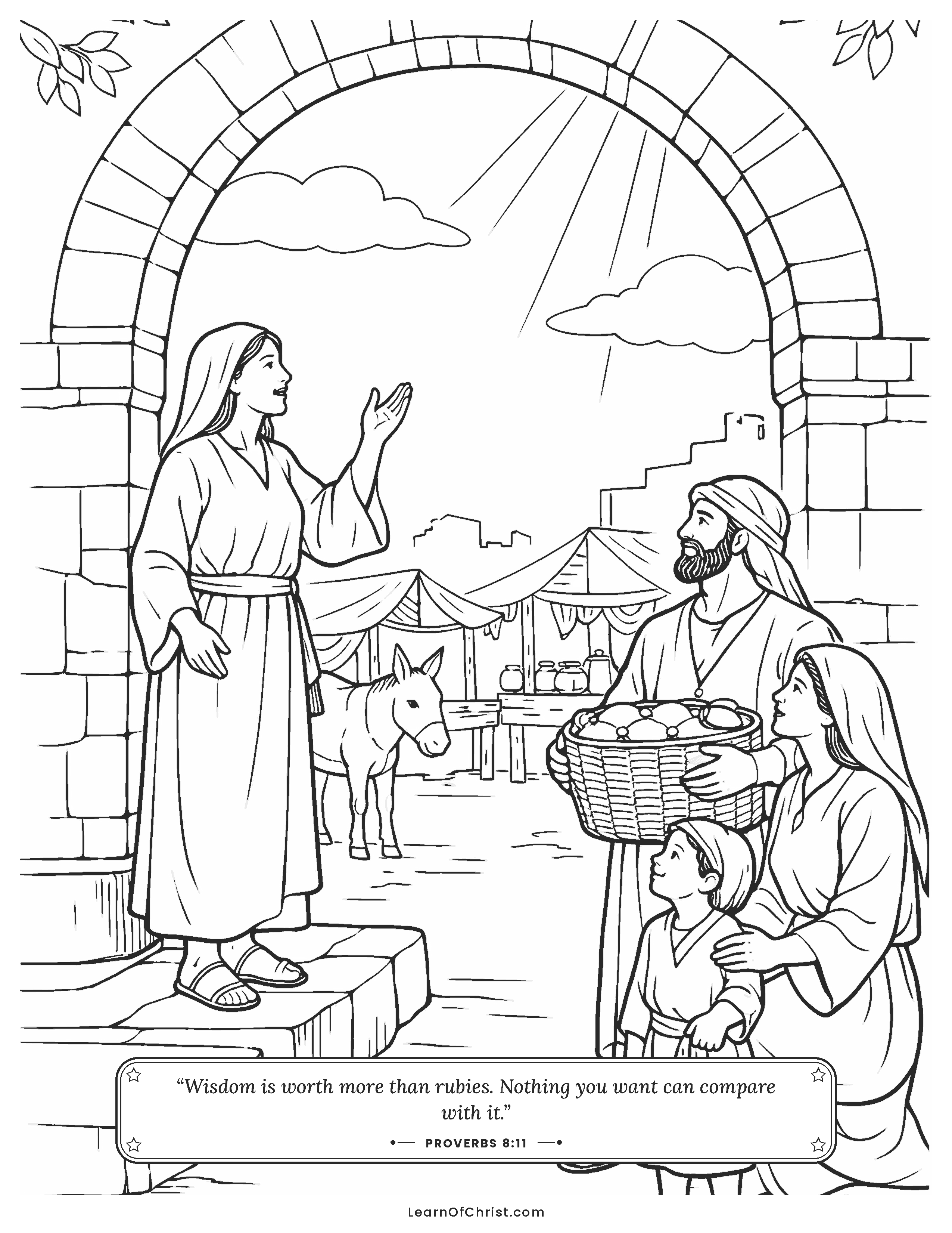 Proverbs 8 coloring page - Wisdom calling out at the town gate
