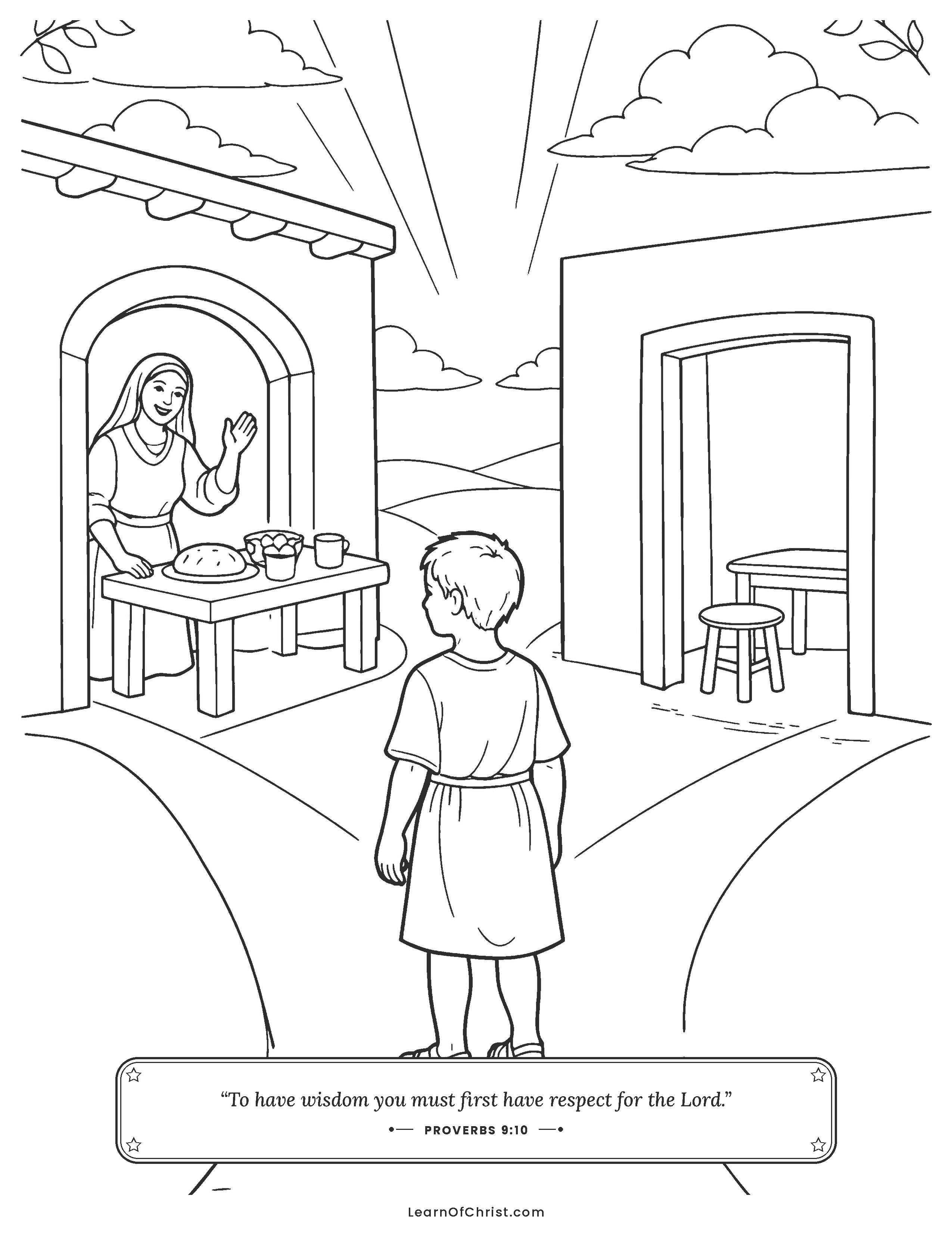 Proverbs 9 coloring page - Choosing which door to walk through