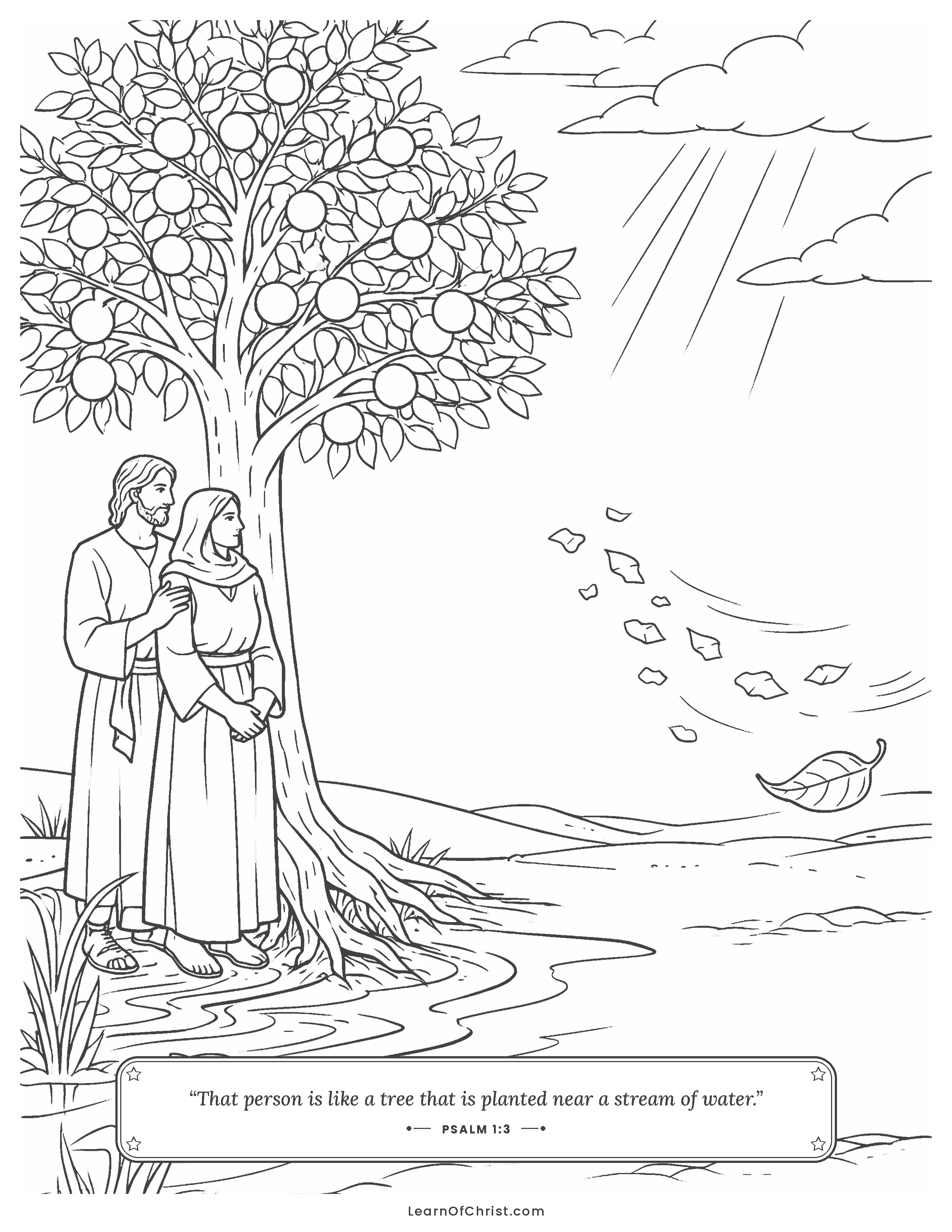 Psalms 1 coloring page - A strong tree planted beside a stream