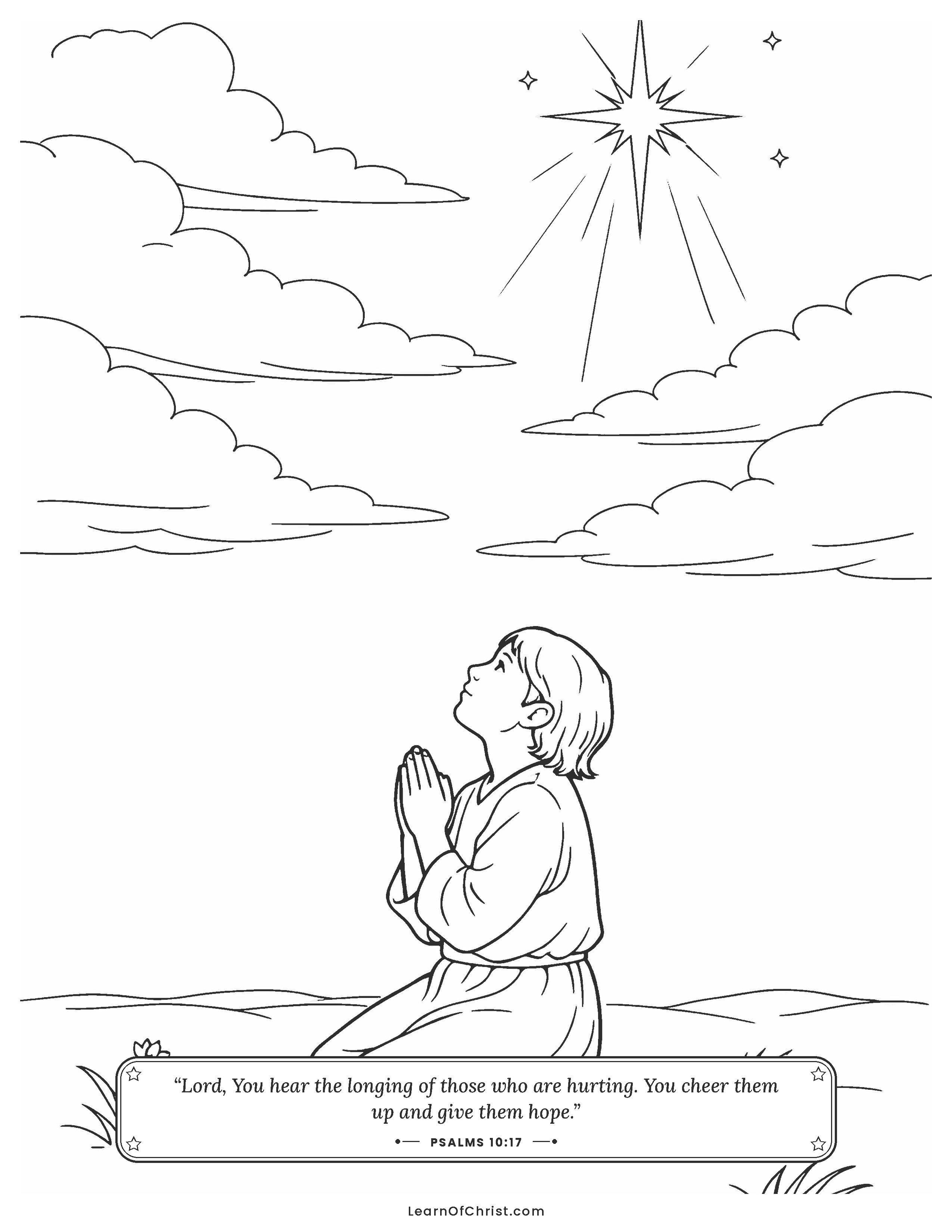 Psalms 10 coloring page - A child prays in the empty field
