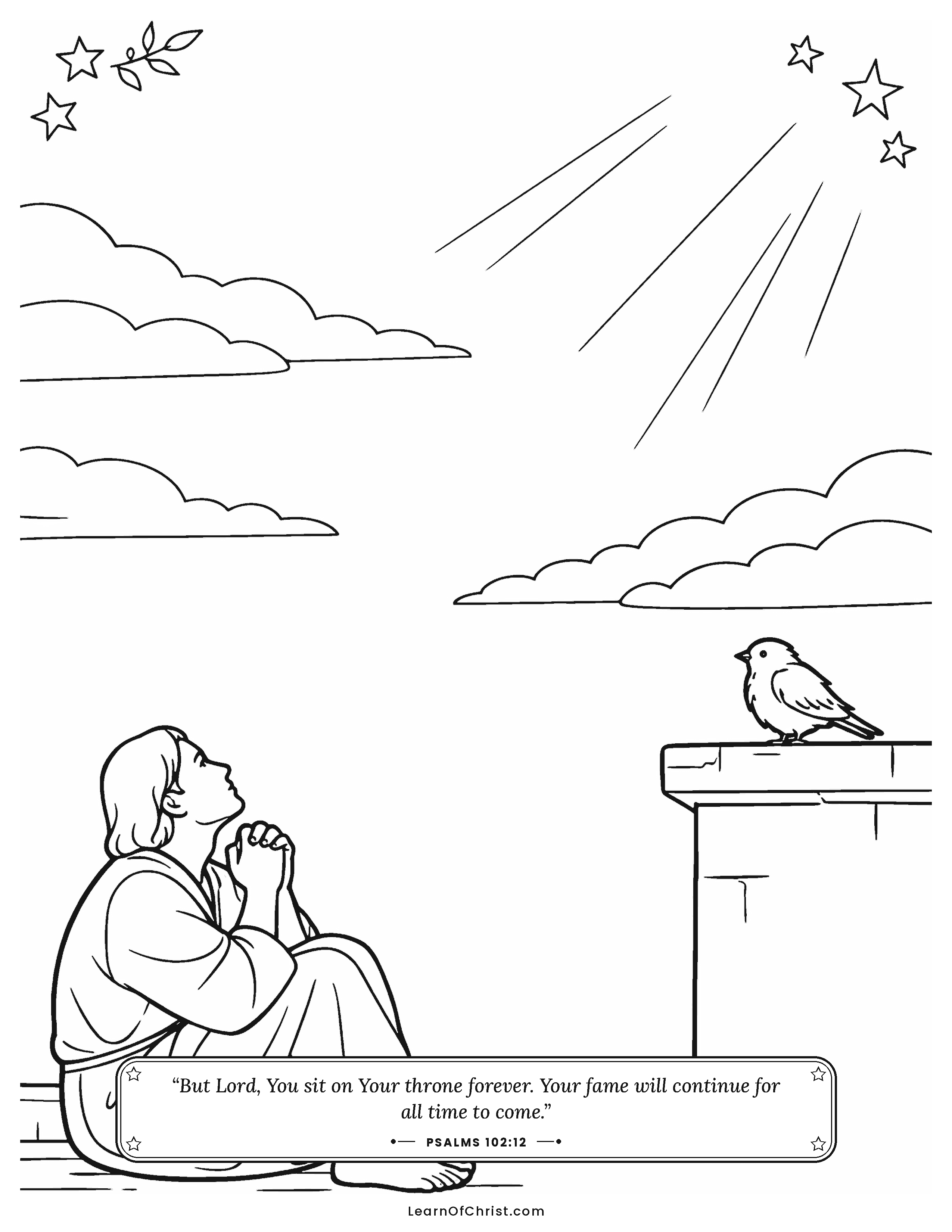 Psalms 102 coloring page - A lonely bird on the rooftop