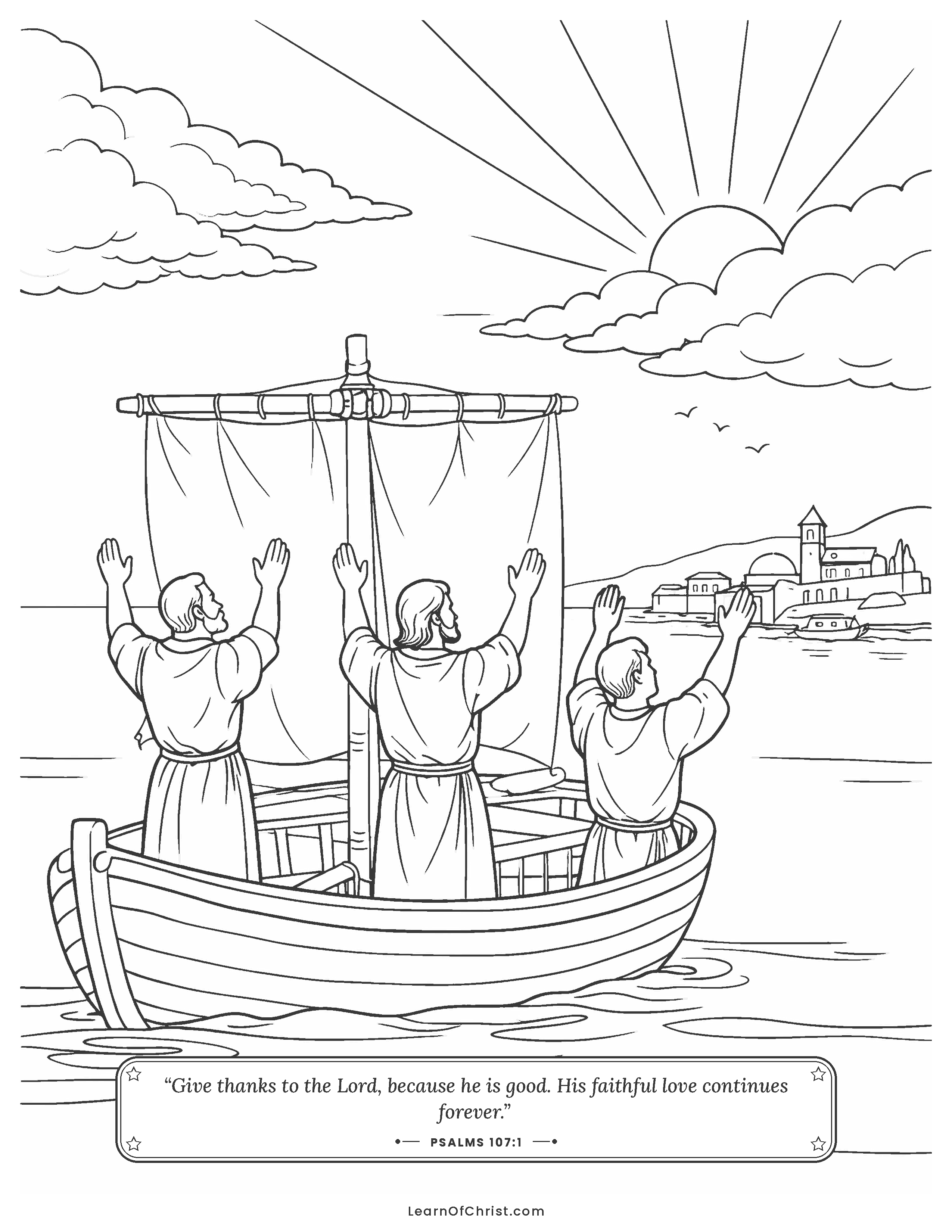 Psalms 107 coloring page - The storm lies down for the sailors