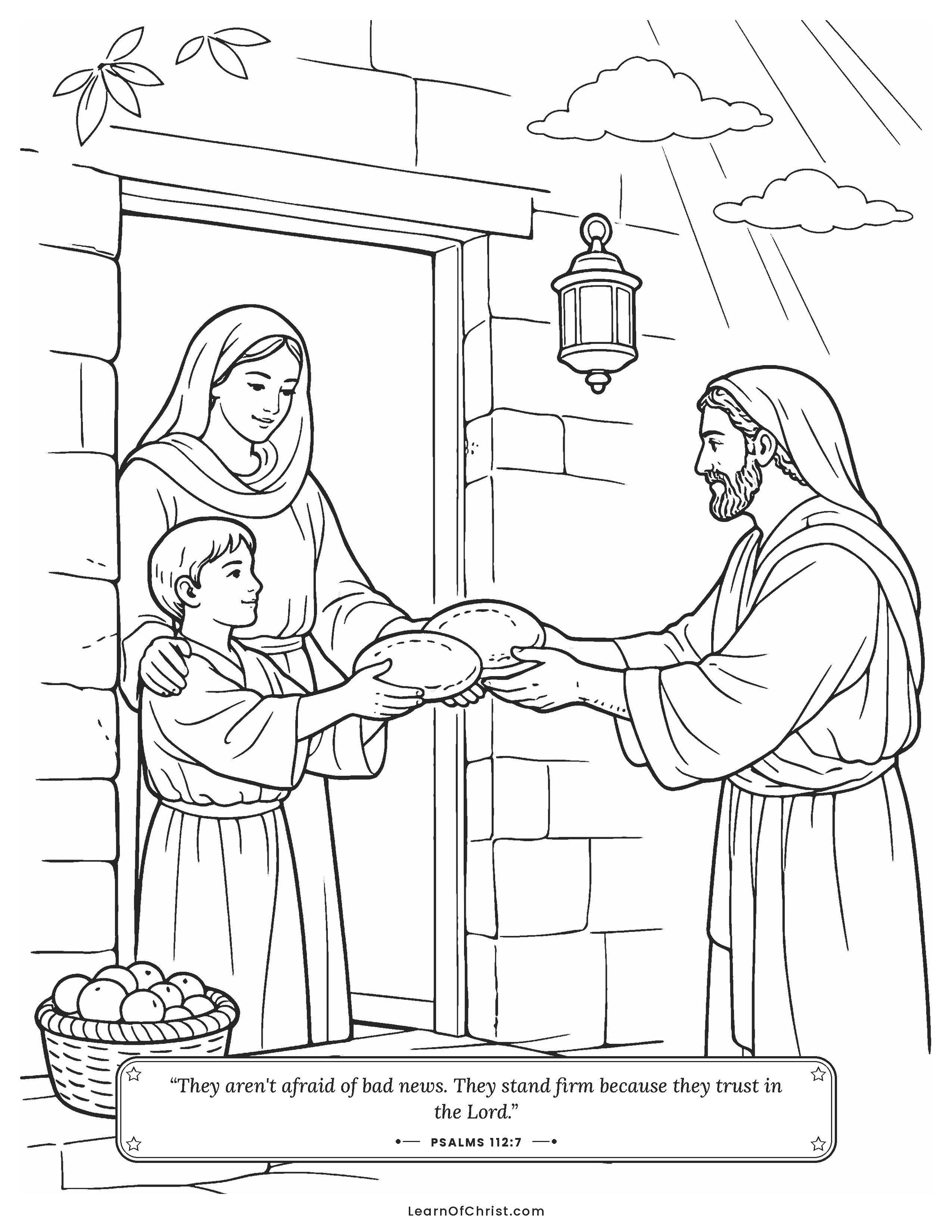 Psalms 112 coloring page - Open hands share bread at the door