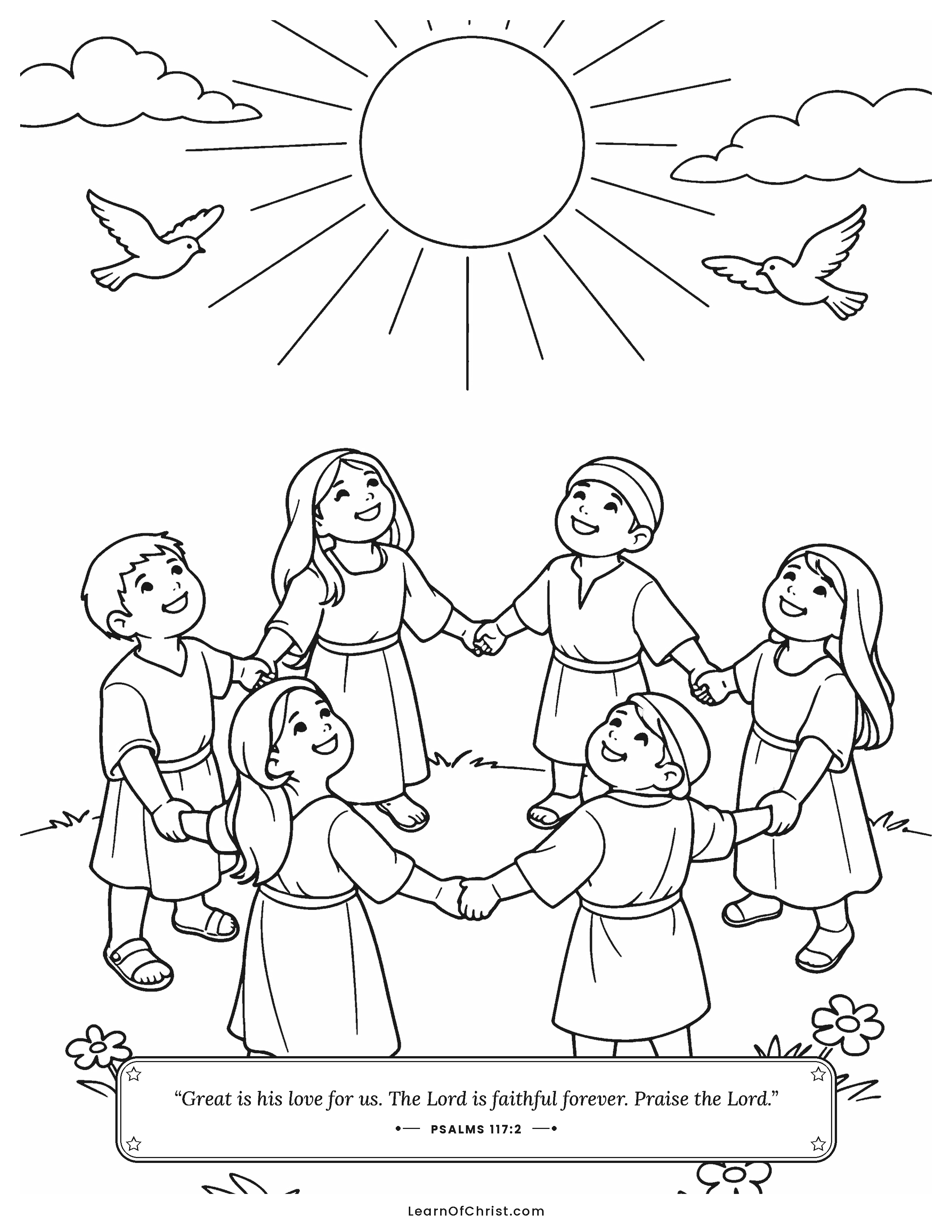 Psalms 117 coloring page - A circle of children from everywhere