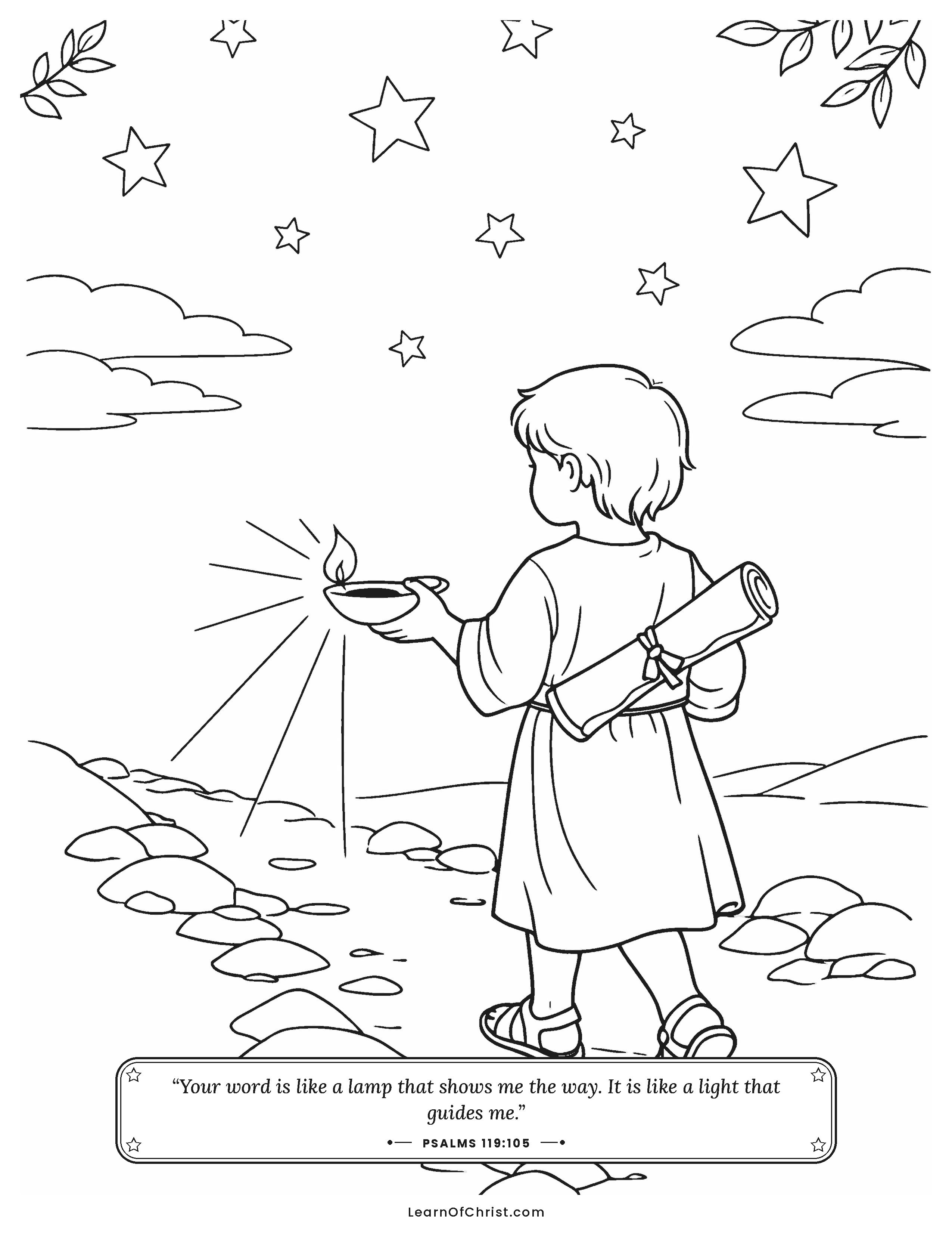 Psalms 119 coloring page - A little lamp shows the next step