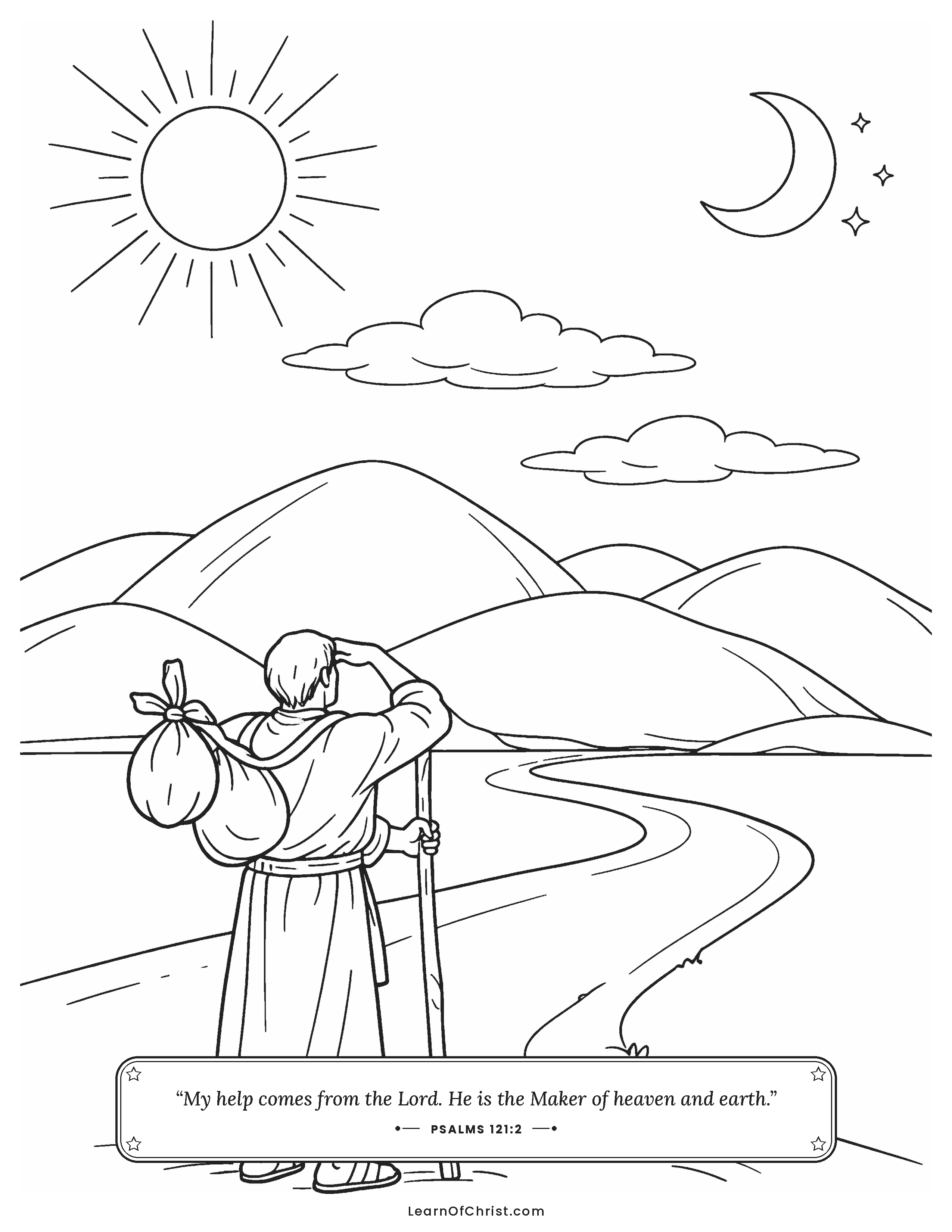 Psalms 121 coloring page - Looking up to the hills for help