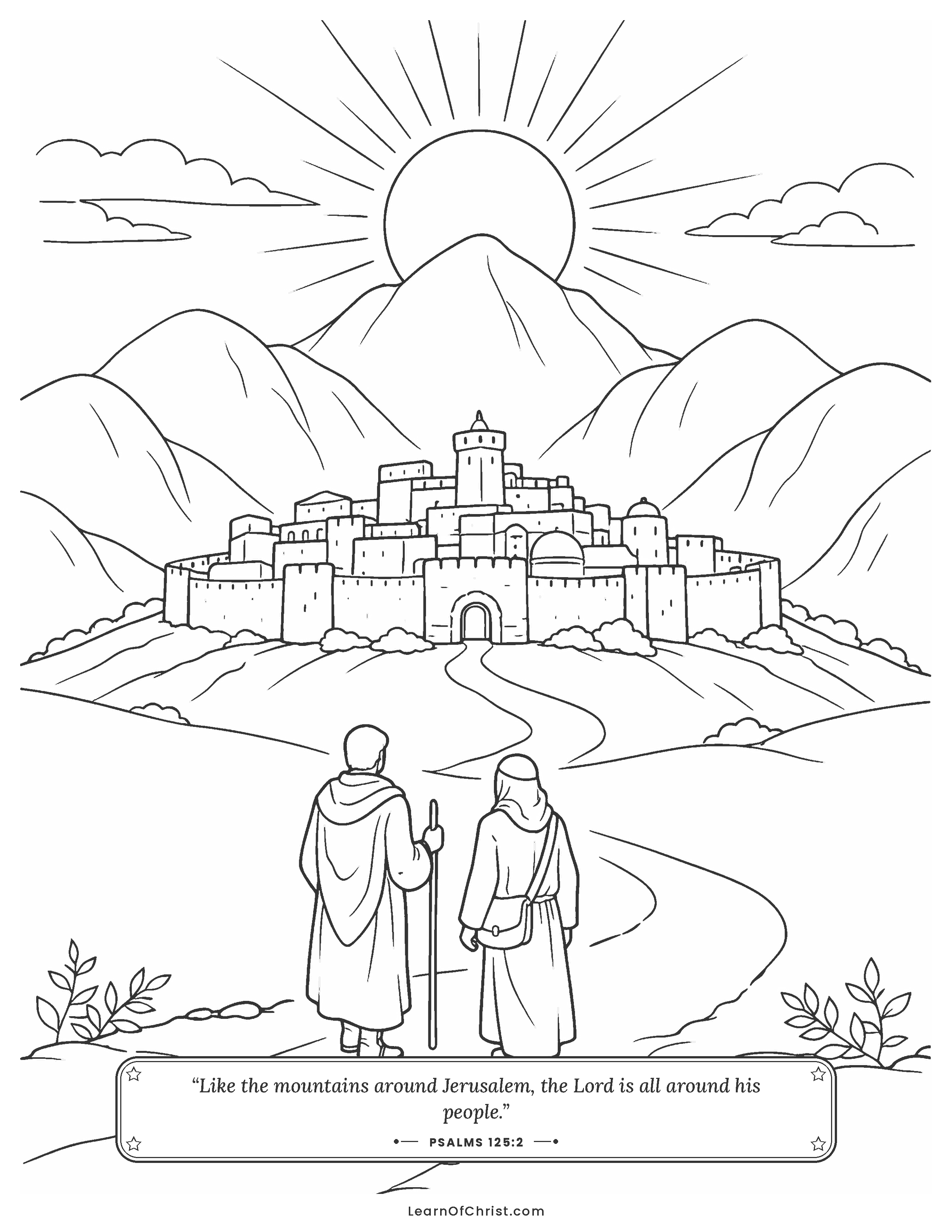 Psalms 125 coloring page - Mountains all around the city