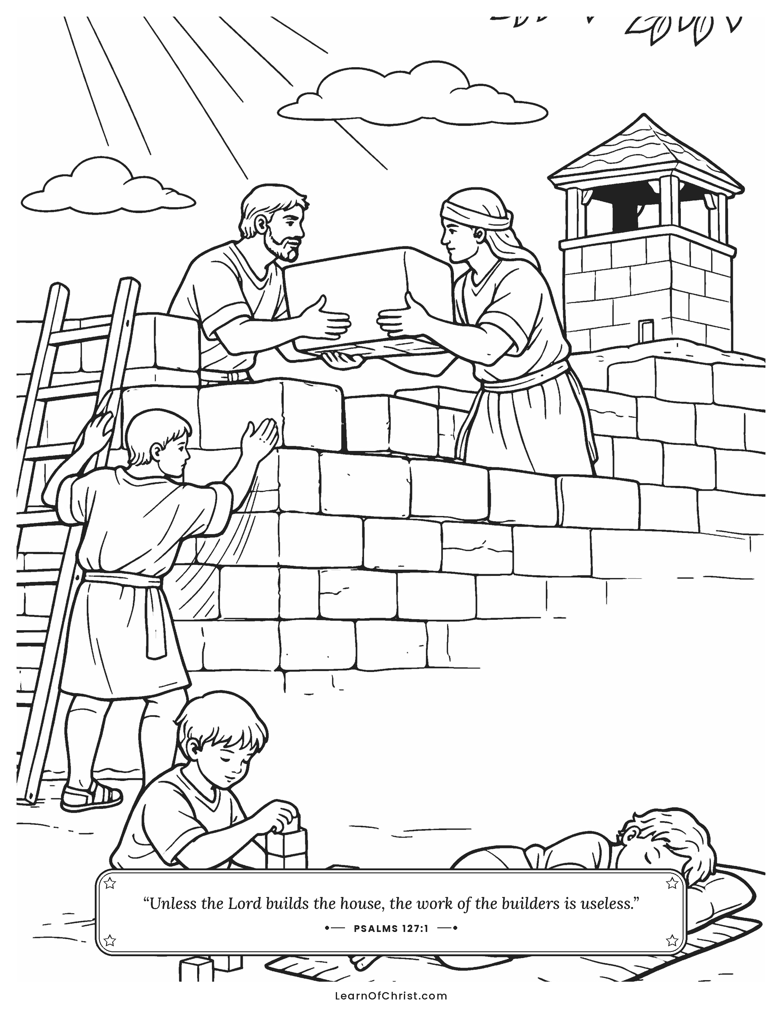 Psalms 127 coloring page - God builds the house with us