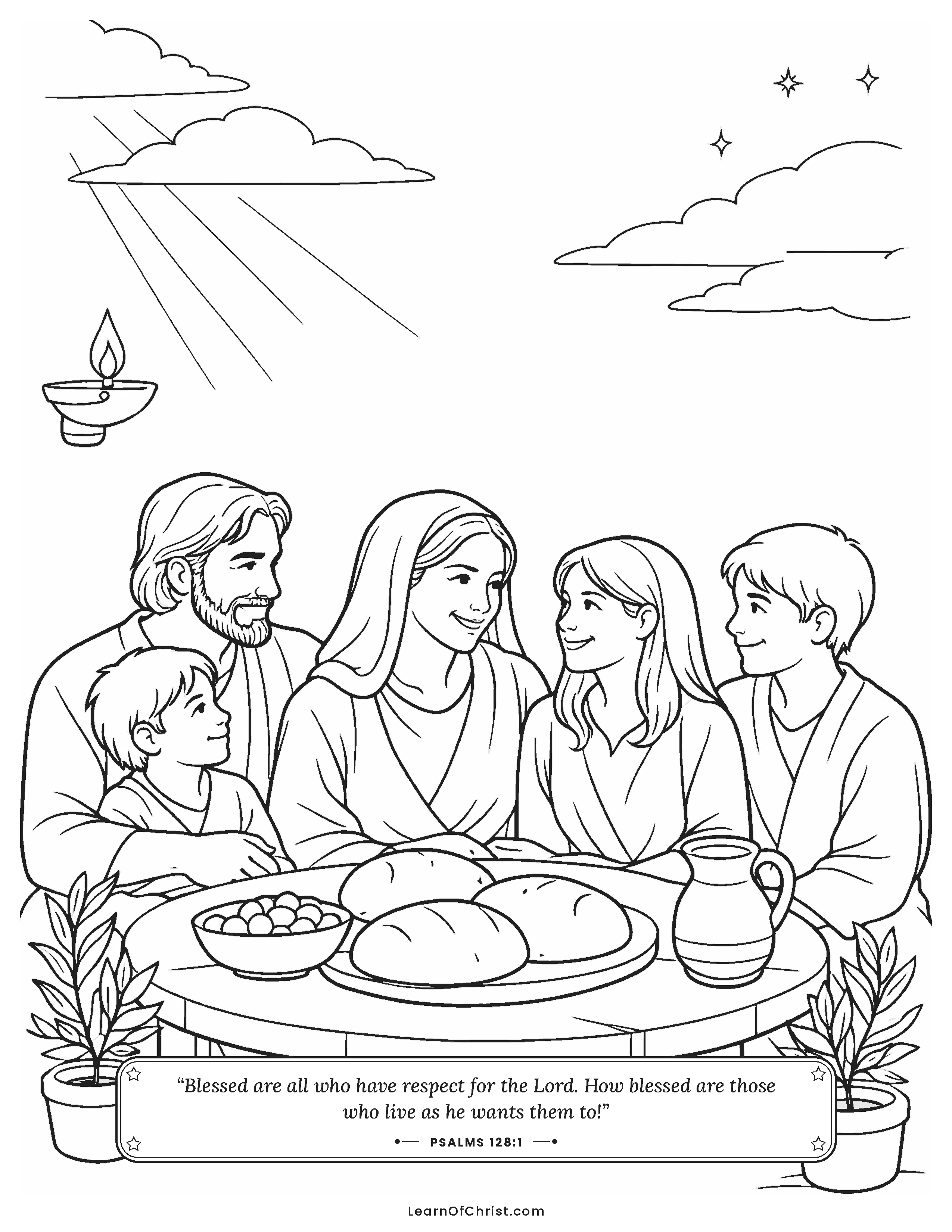 Psalms 128 coloring page - Olive-shoot children around the table