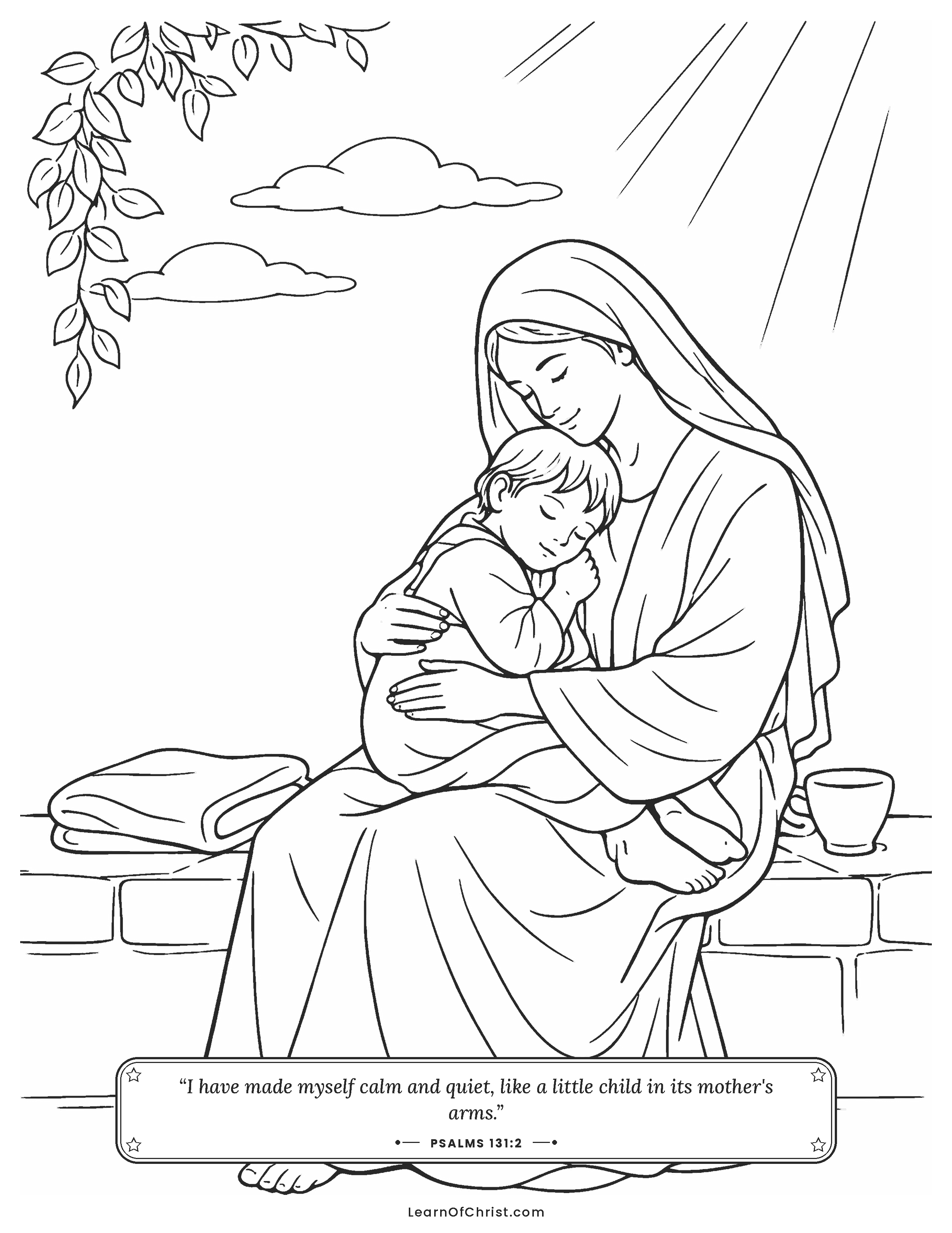 Psalms 131 coloring page - A calm child resting in mother's arms