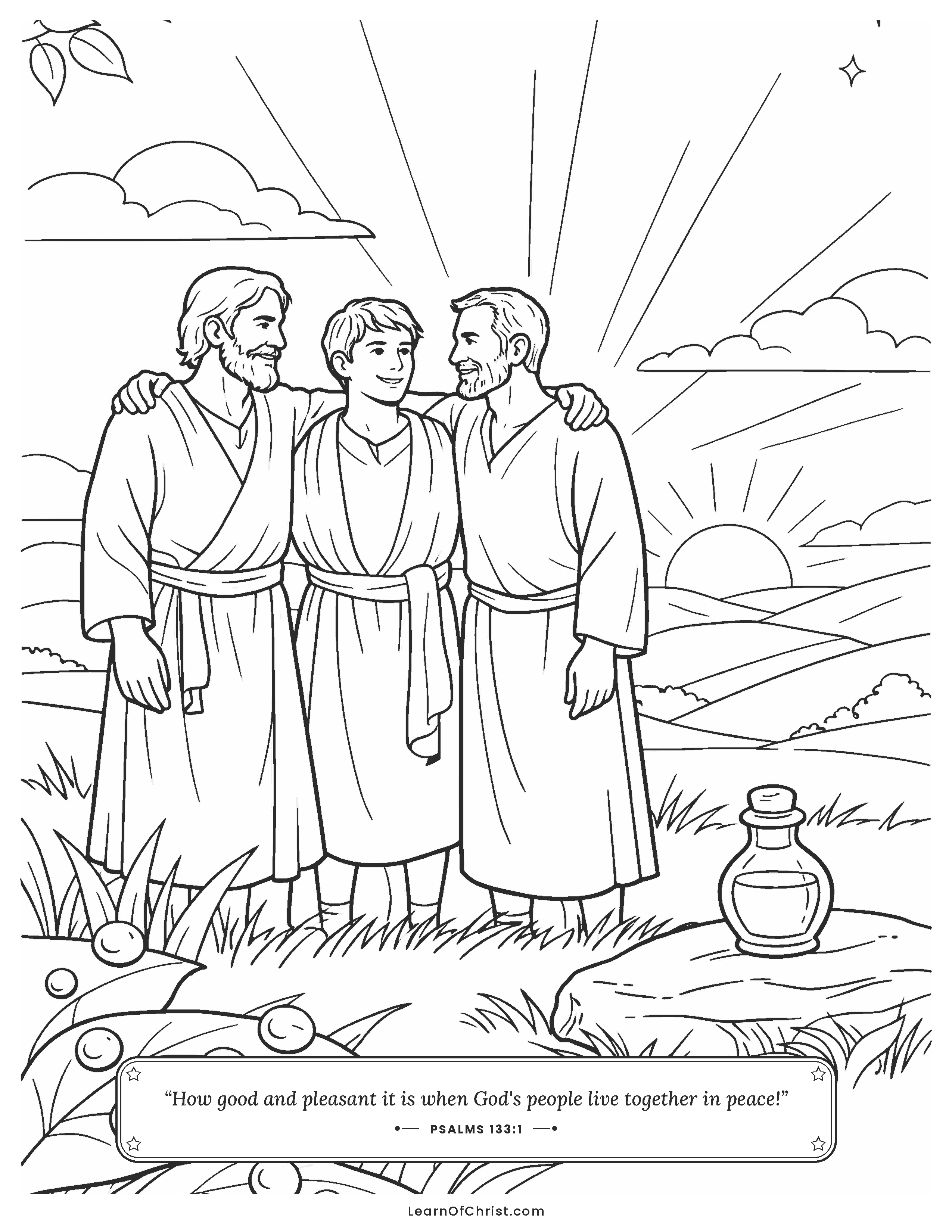 Psalms 133 coloring page - Friends together like fresh morning dew