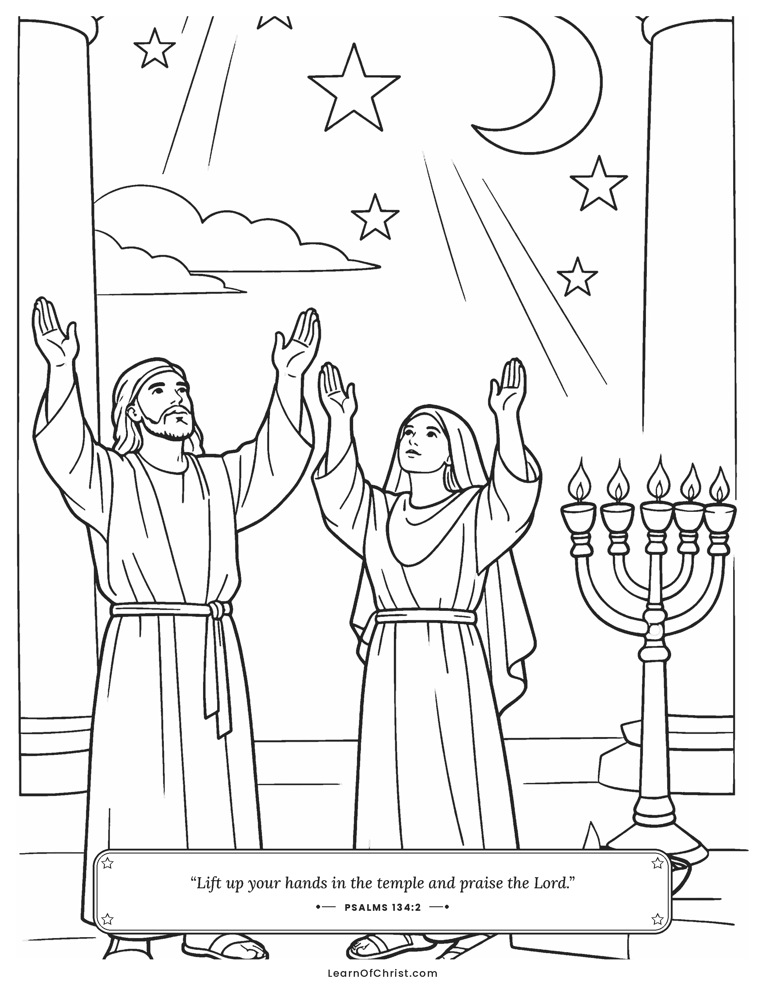 Psalms 134 coloring page - Night helpers praising in the lamplight