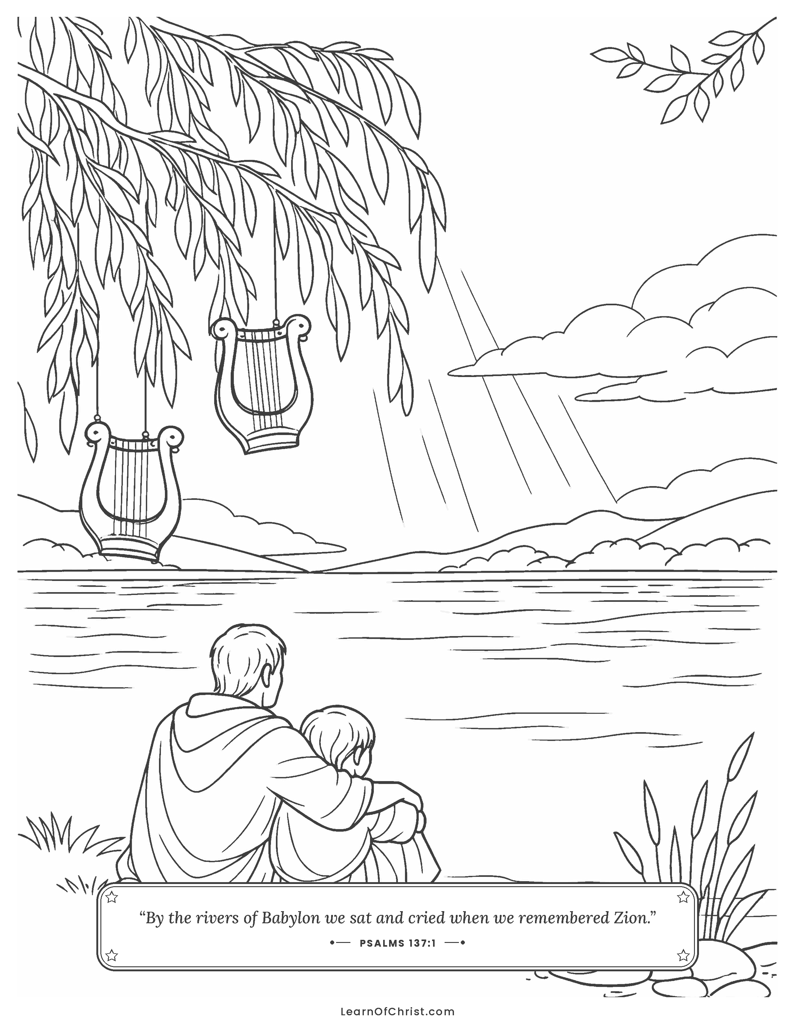 Psalms 137 coloring page - Harps hanging in the willow trees