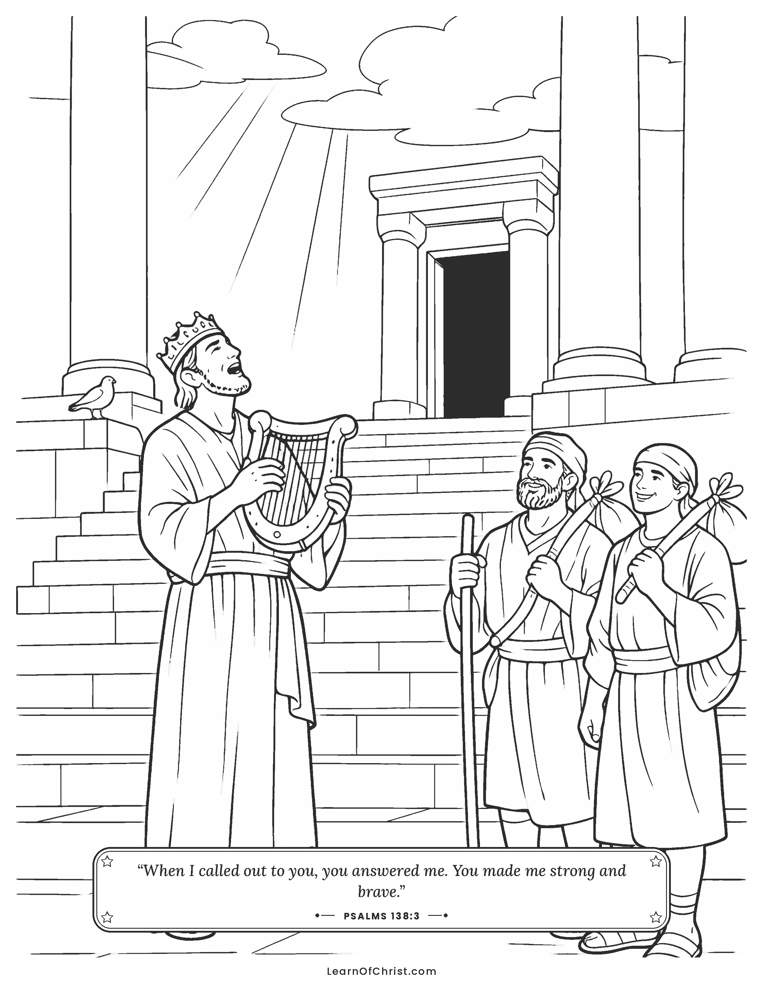 Psalms 138 coloring page - Singing thanks at the temple steps