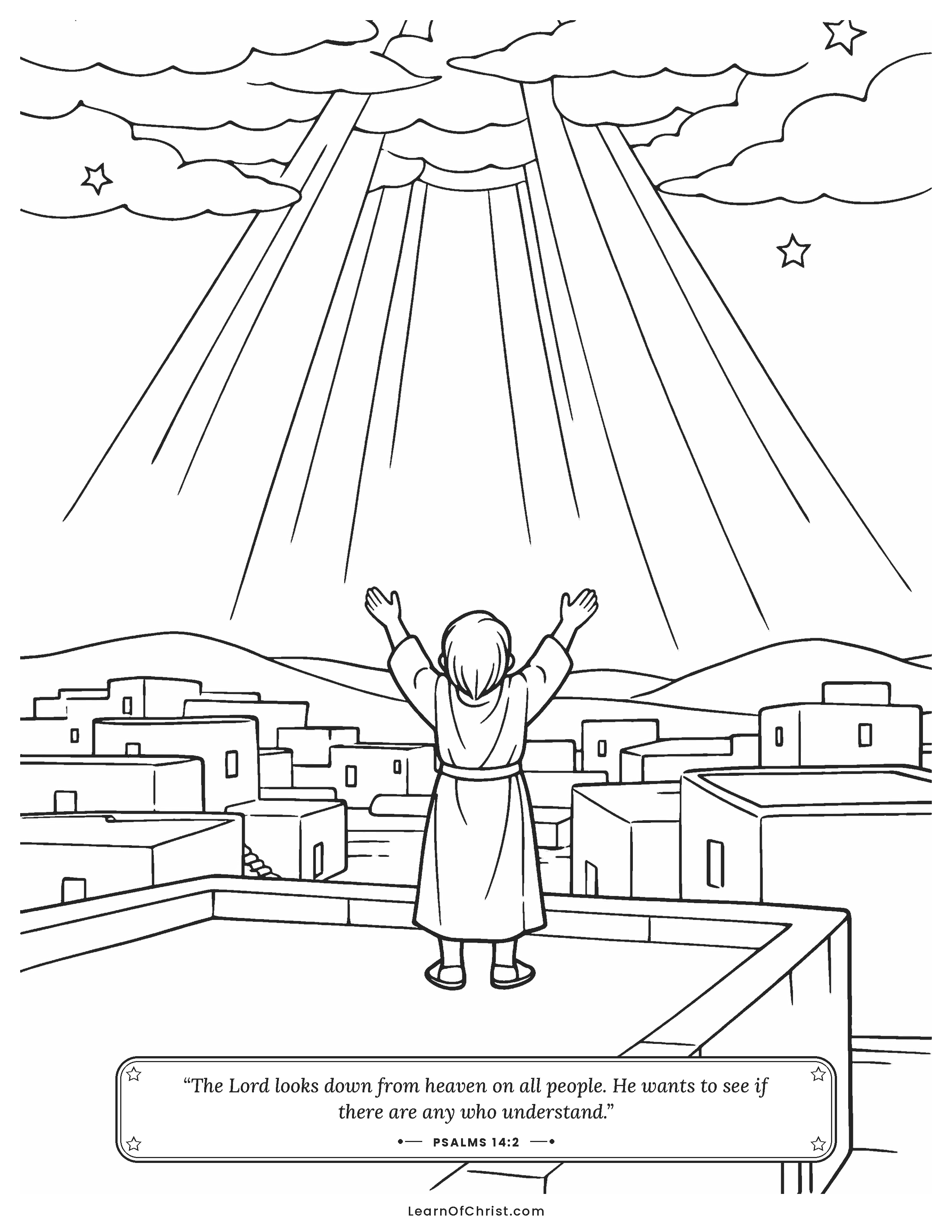 Psalms 14 coloring page - Light searches the sleeping town