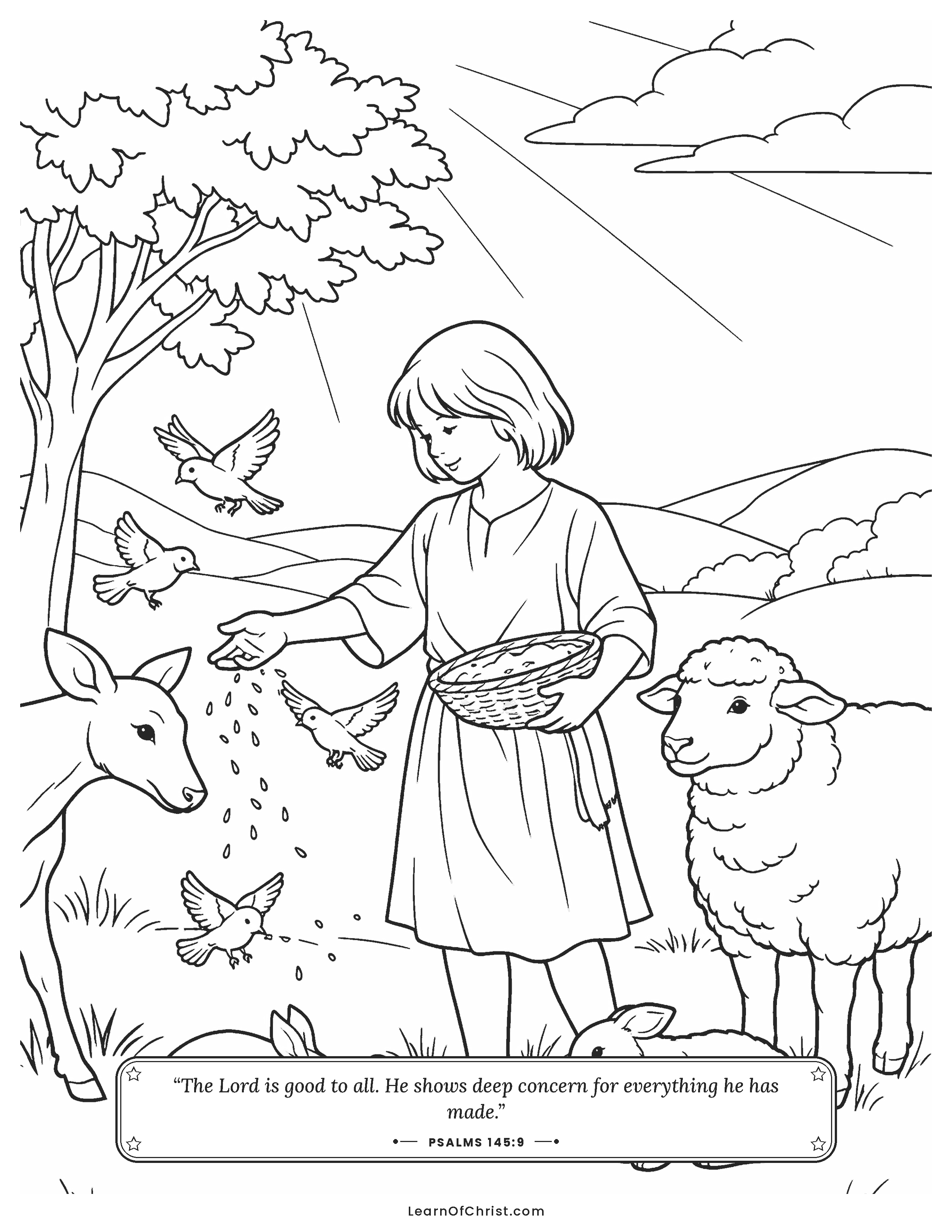 Psalms 145 coloring page - Every creature fed from an open hand
