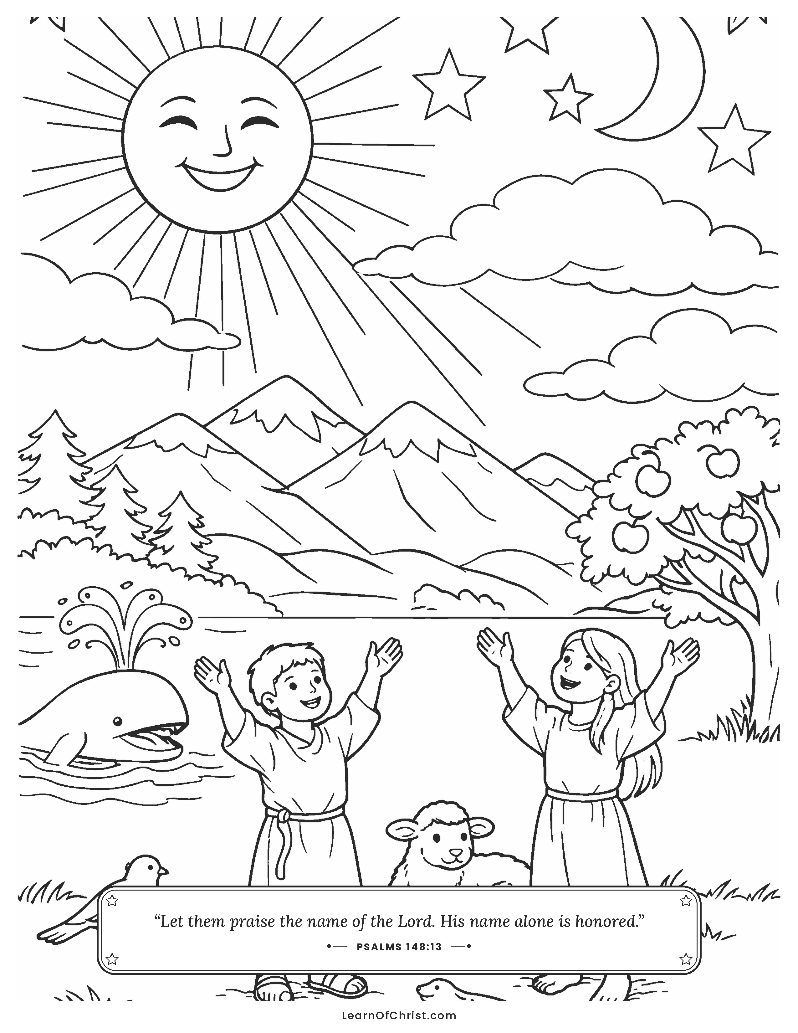 Psalms 148 coloring page - All creation joins the praise chorus