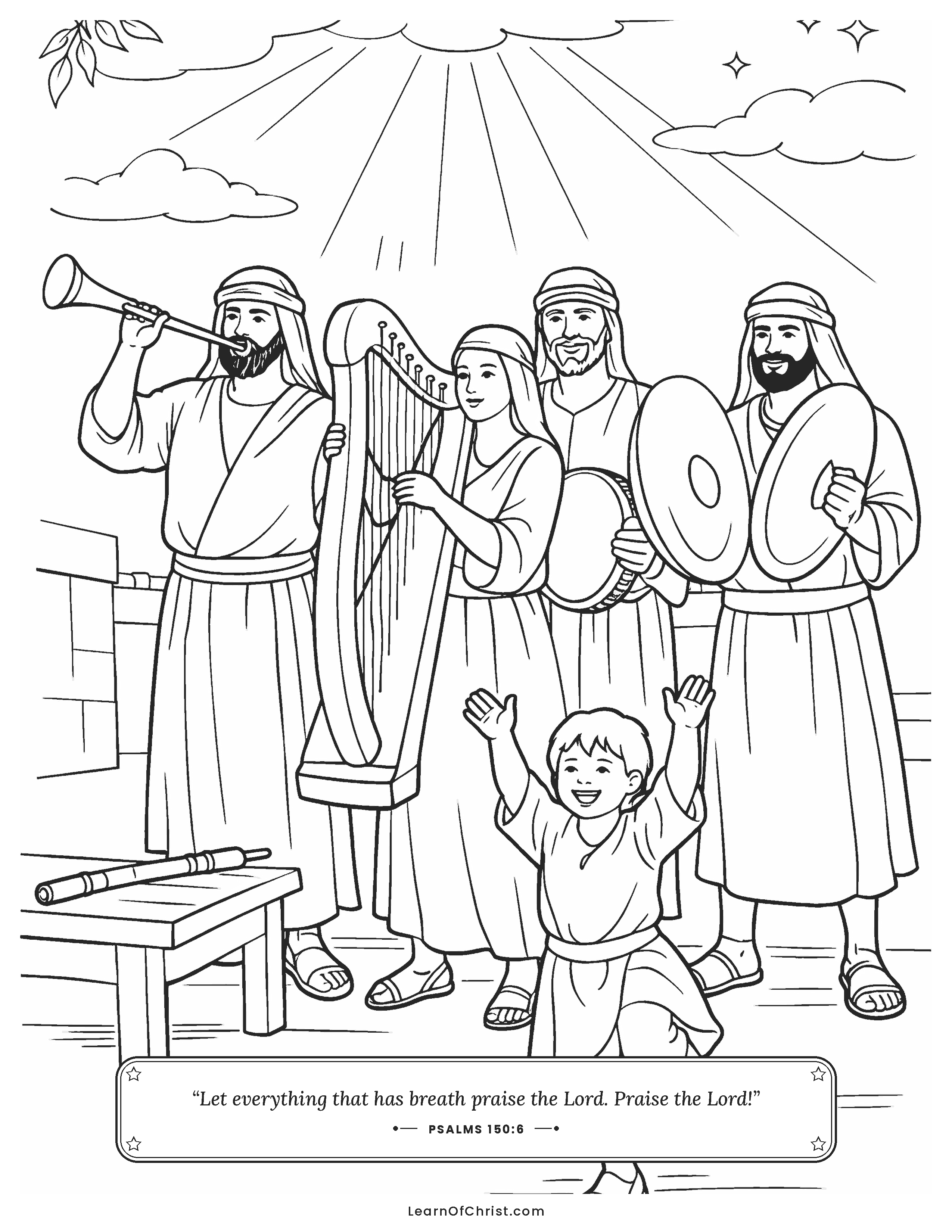 Psalms 150 coloring page - A whole band praising with every instrument