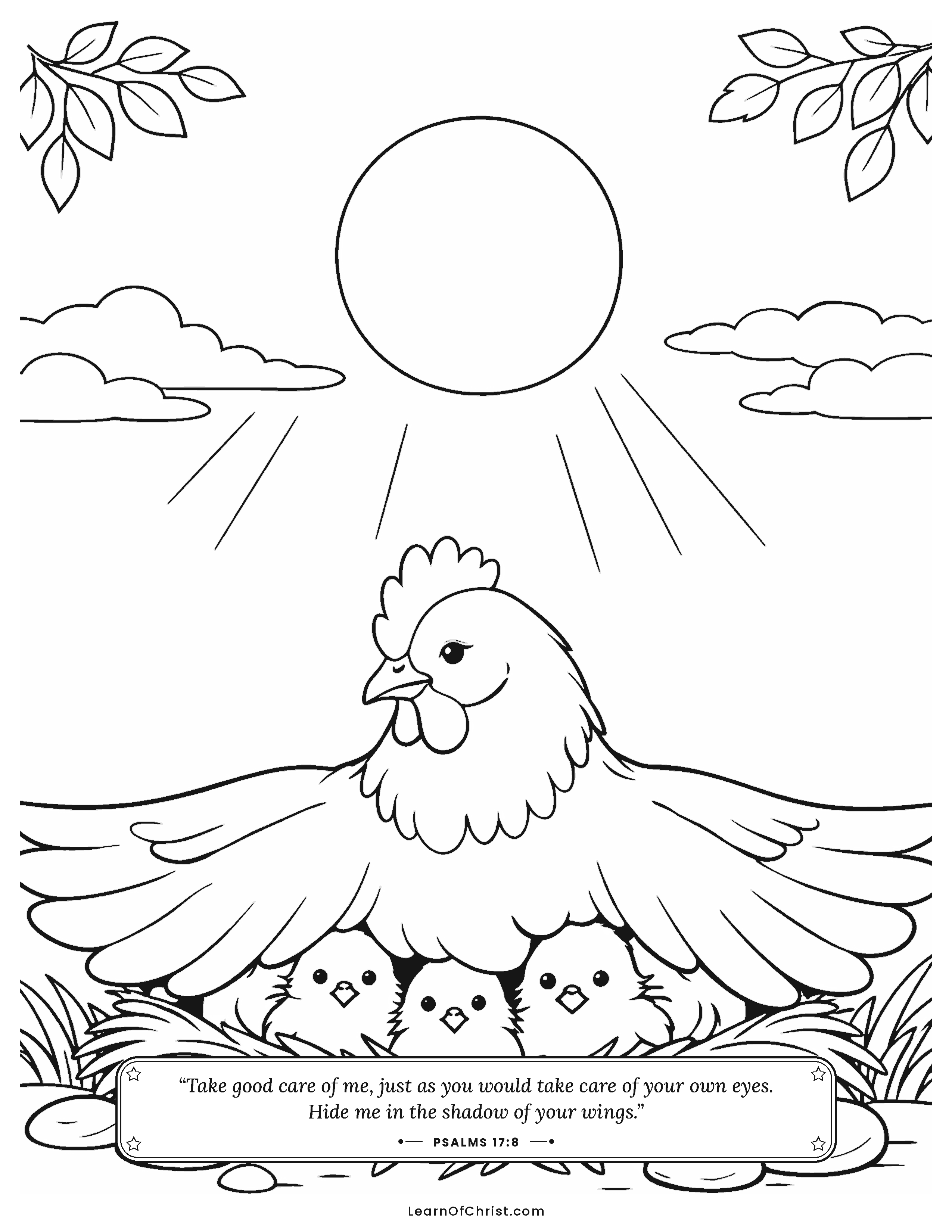 Psalms 17 coloring page - Chicks tucked under a mother bird's wing