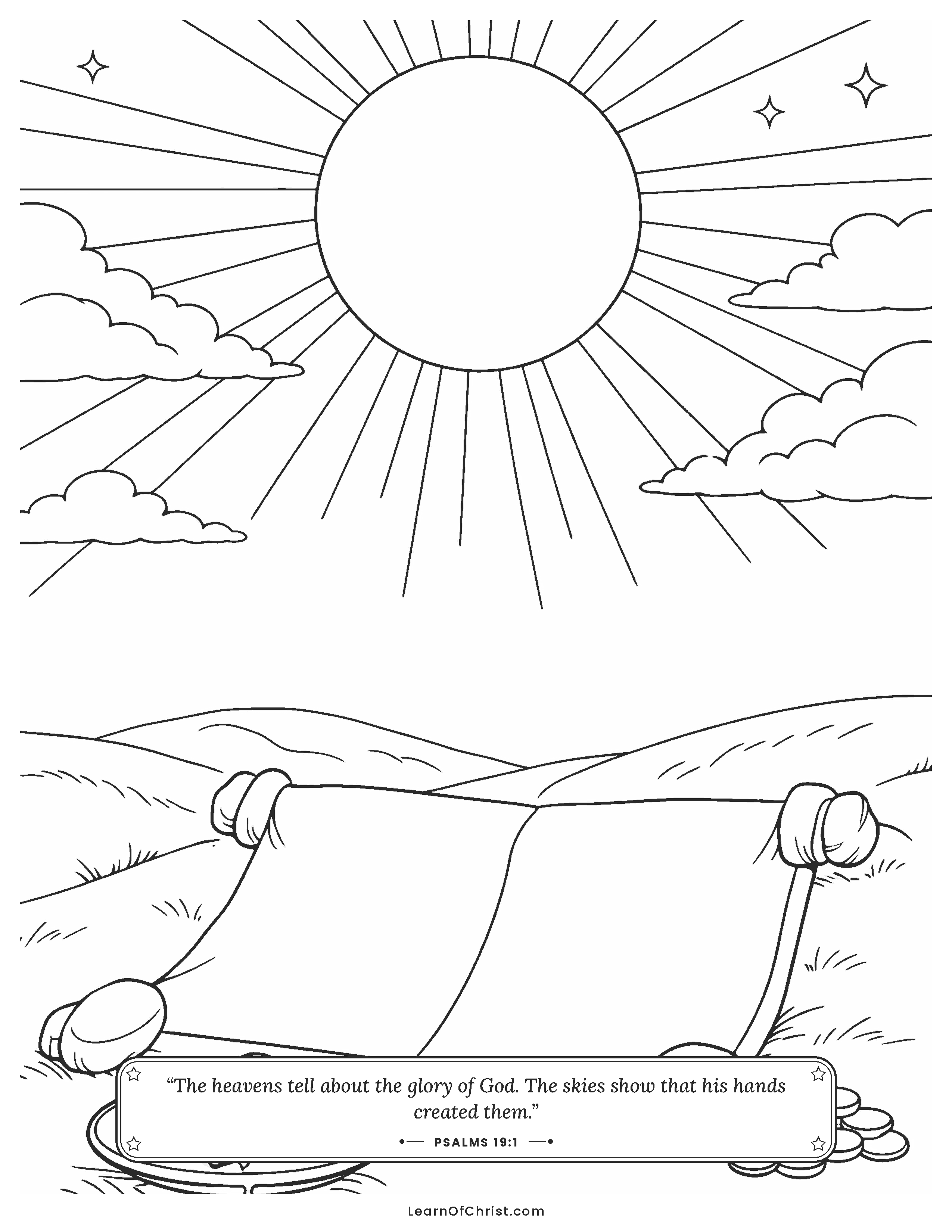 Psalms 19 coloring page - The sky and the scroll both speak