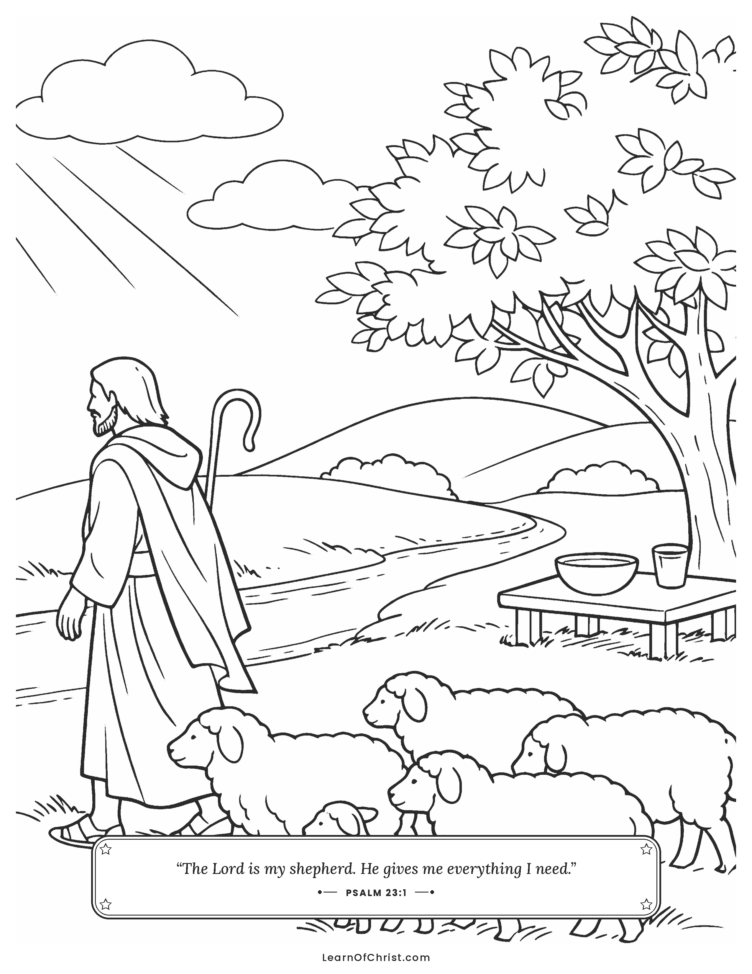 Psalms 23 coloring page - The shepherd leads his sheep to water