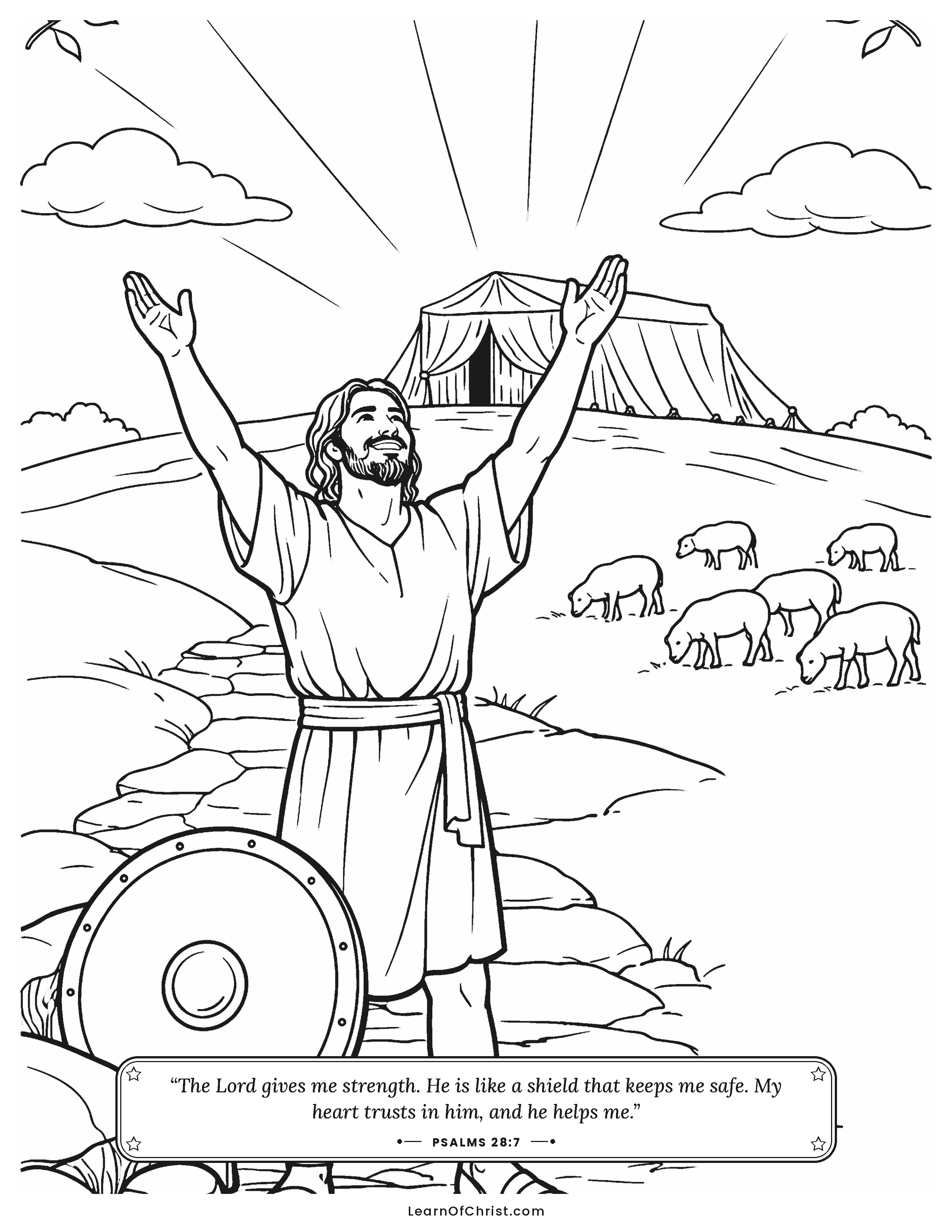 Psalms 28 coloring page - Lifting empty hands toward God's house