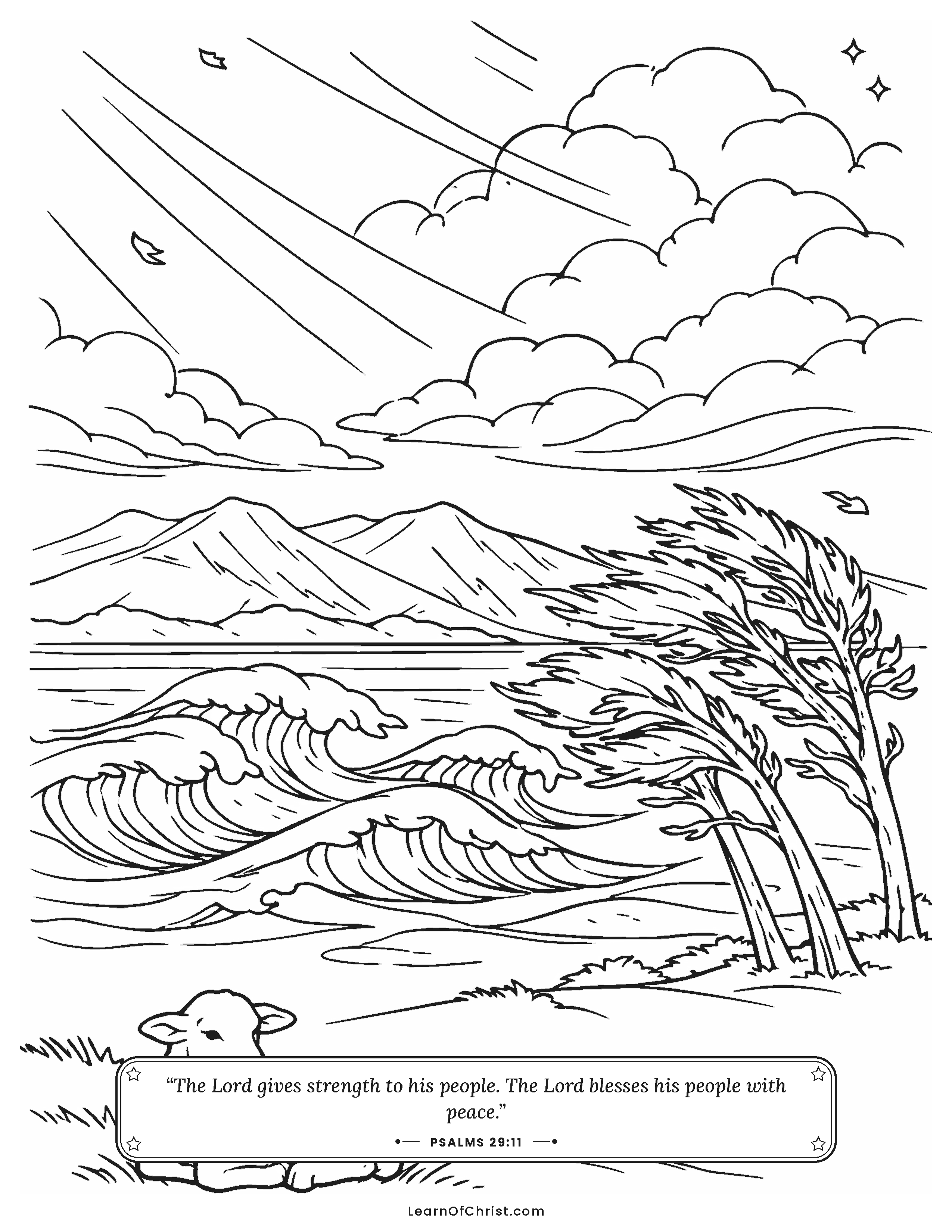 Psalms 29 coloring page - God's voice over the water and trees