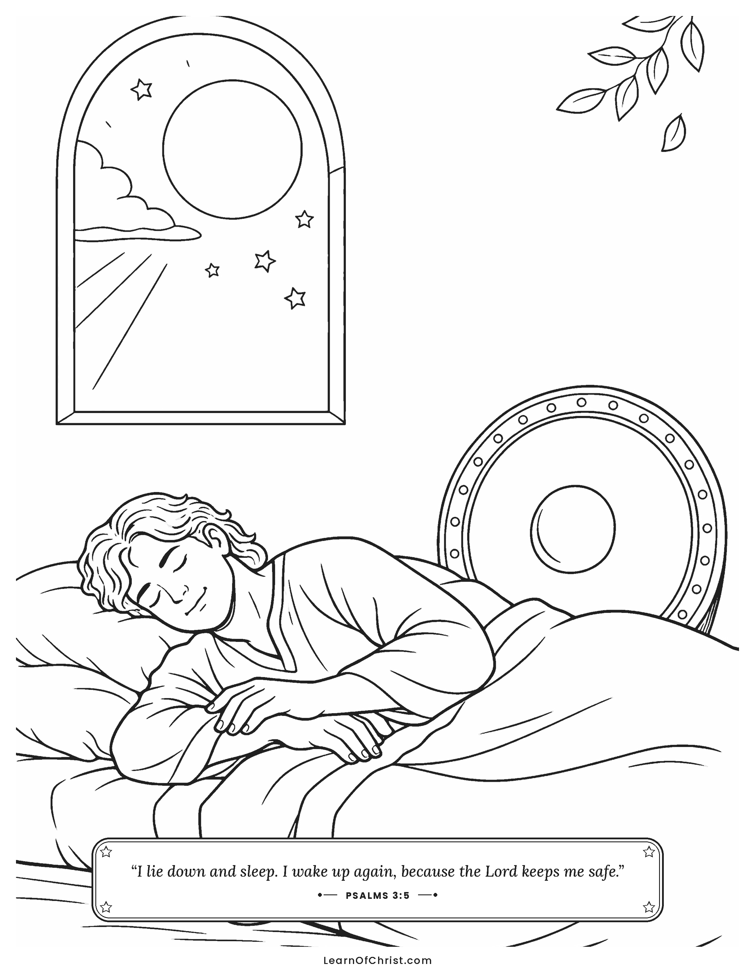 Psalms 3 coloring page - David sleeps in peace at night