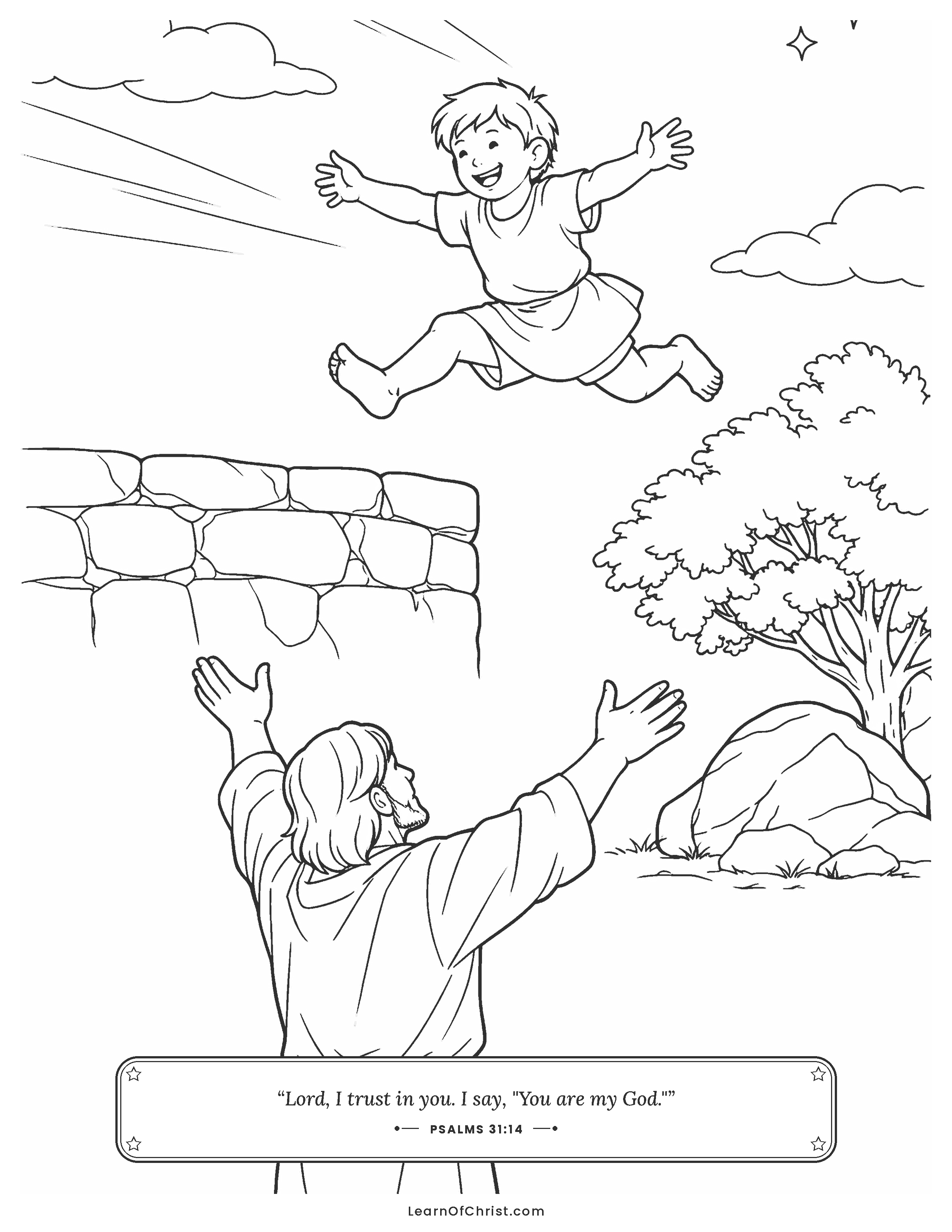 Psalms 31 coloring page - Jumping into strong waiting arms