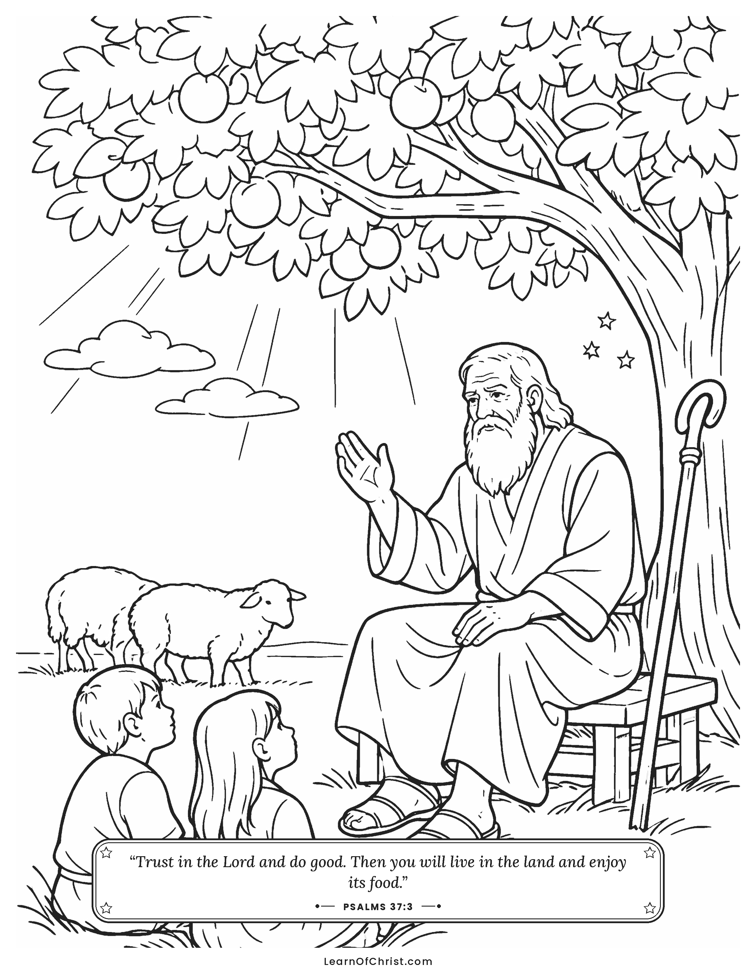Psalms 37 coloring page - Grandfather teaches the children patience