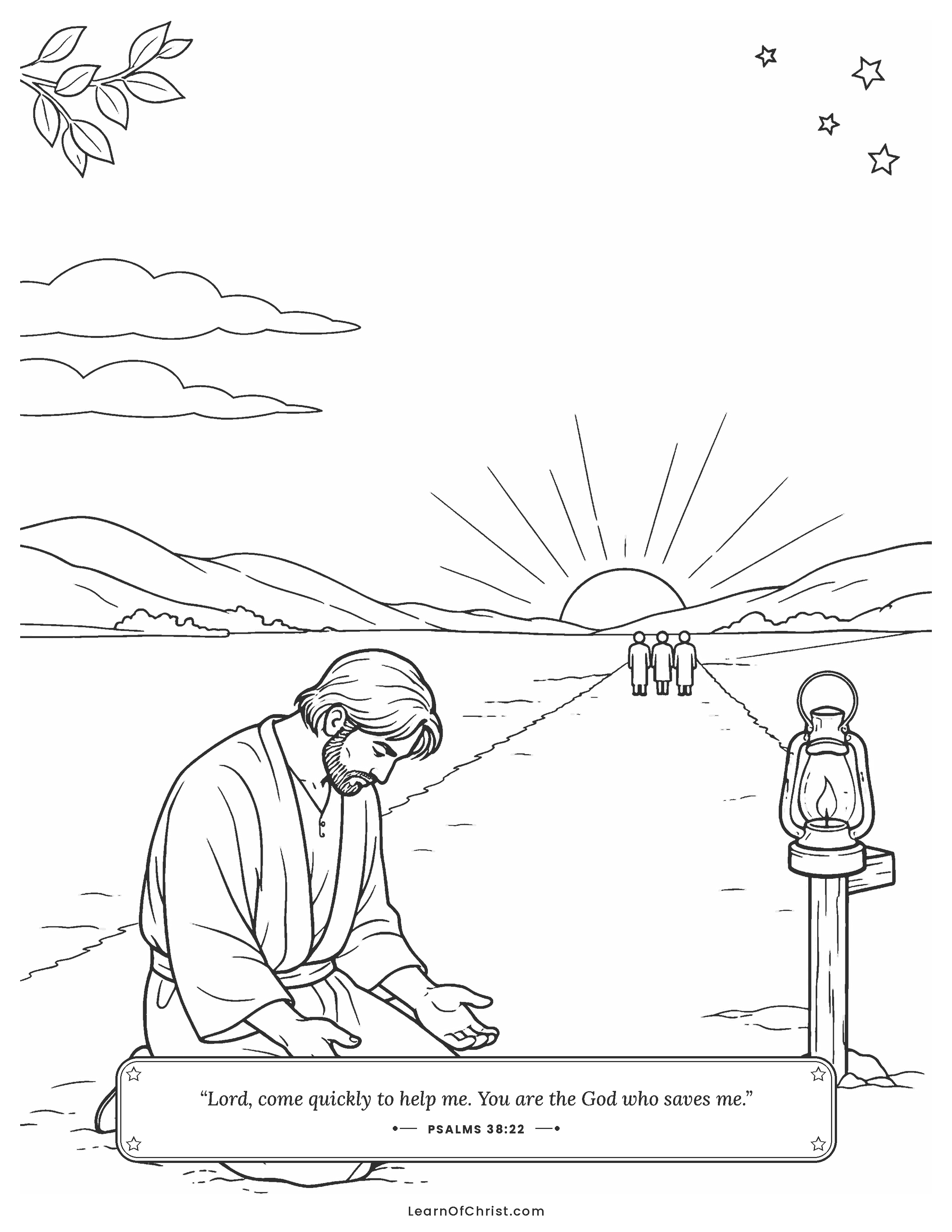 Psalms 38 coloring page - Turning toward God on a lonely road