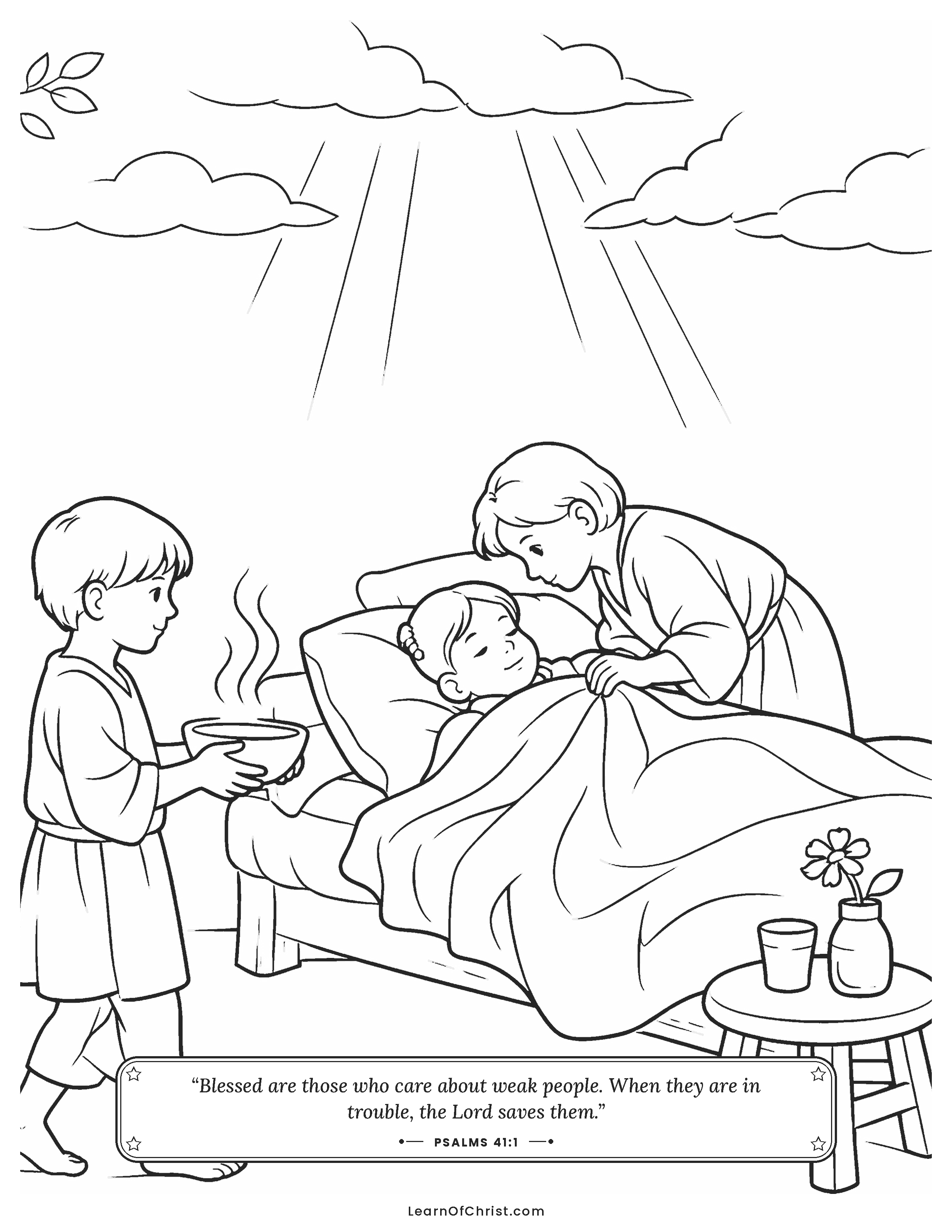 Psalms 41 coloring page - A child cares for a sick friend