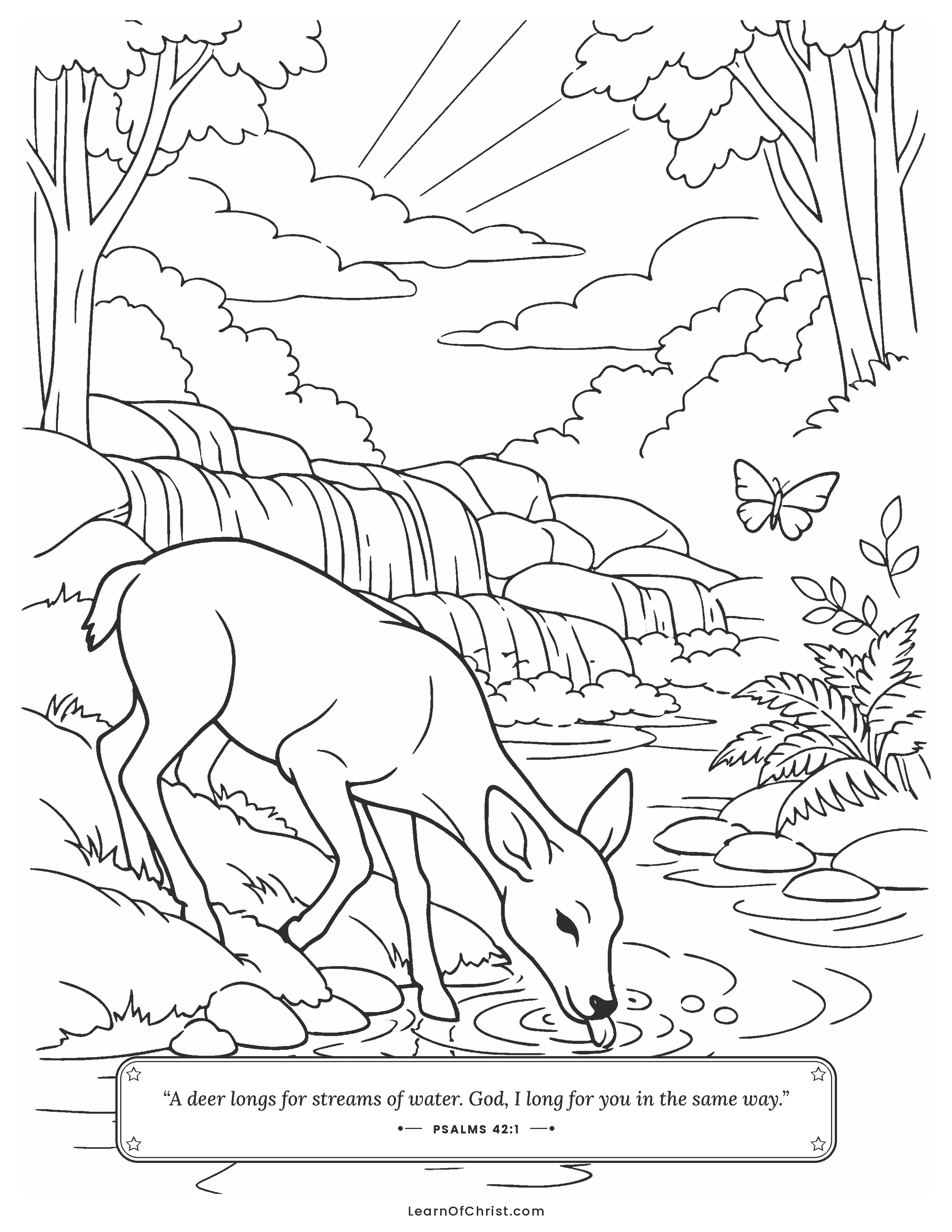 Psalms 42 coloring page - A thirsty deer finds the stream