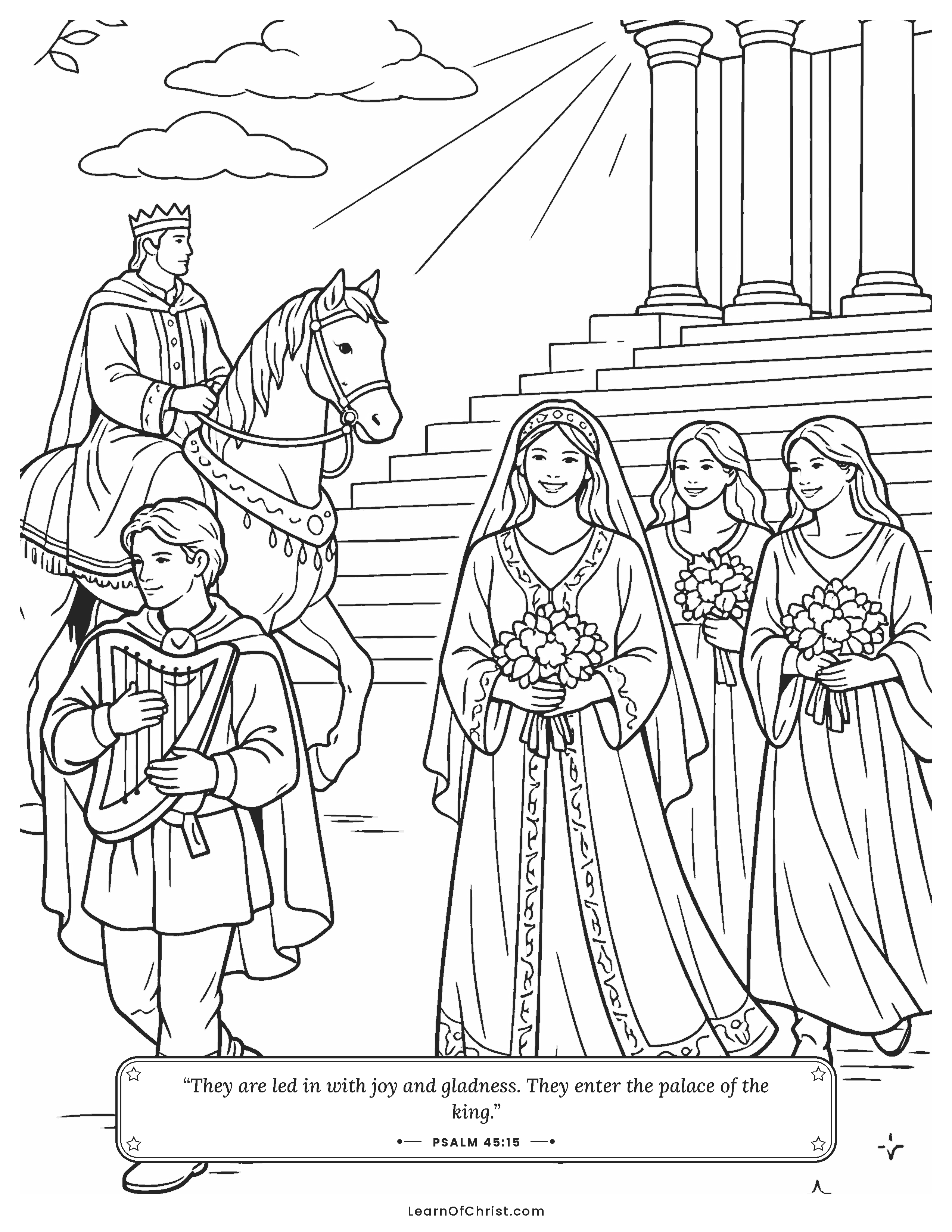 Psalms 45 coloring page - A joyful royal wedding procession