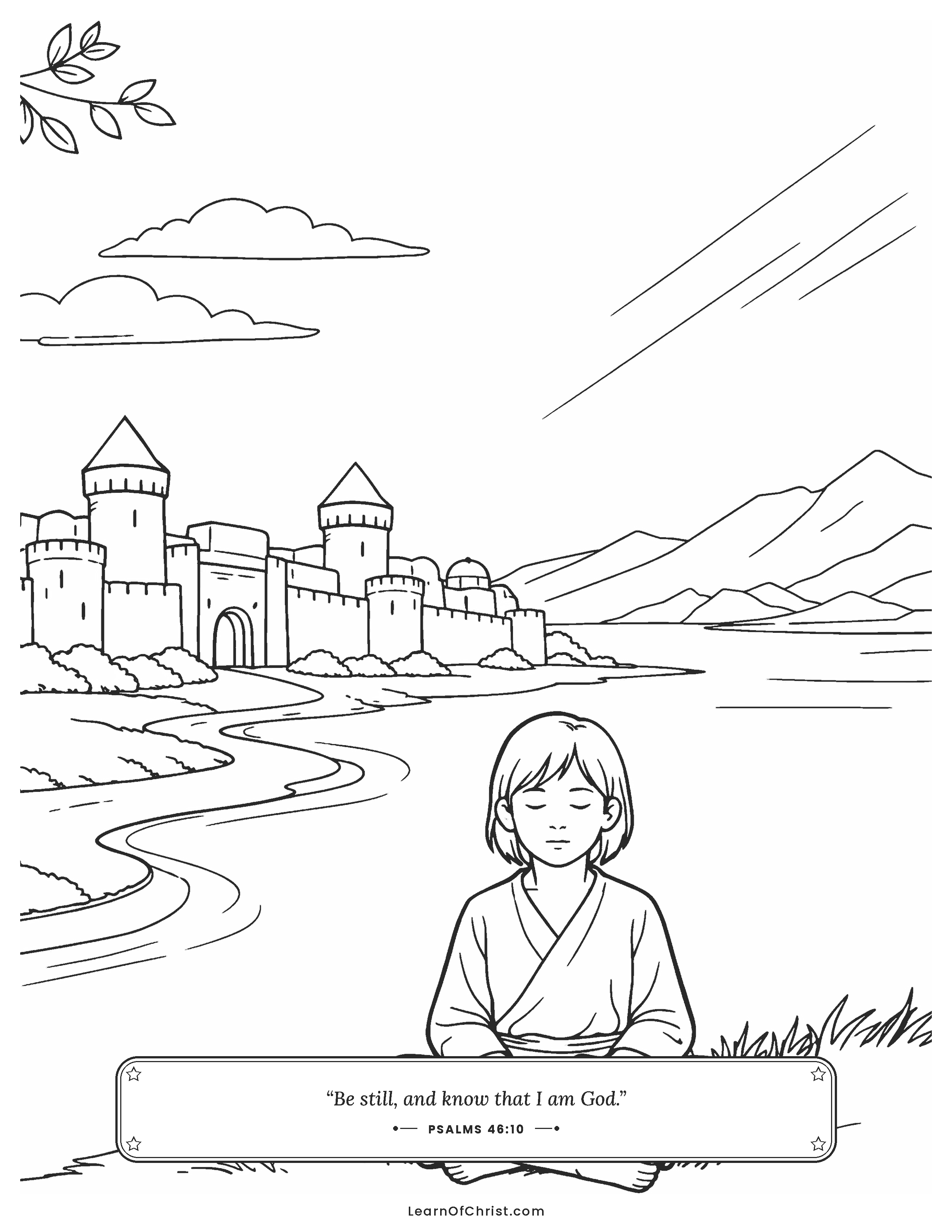 Psalms 46 coloring page - Be still by the quiet river