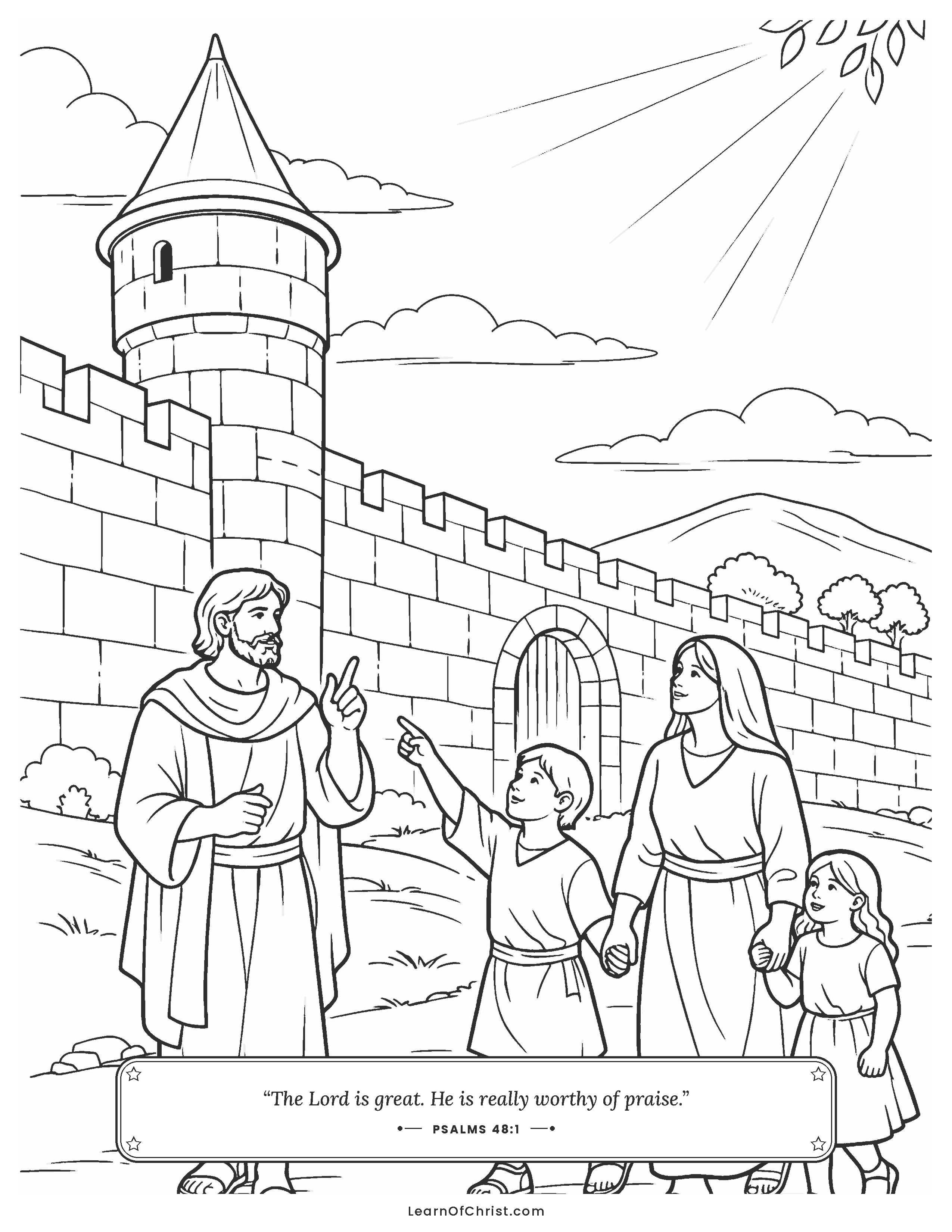 Psalms 48 coloring page - Walking the wall and counting the towers